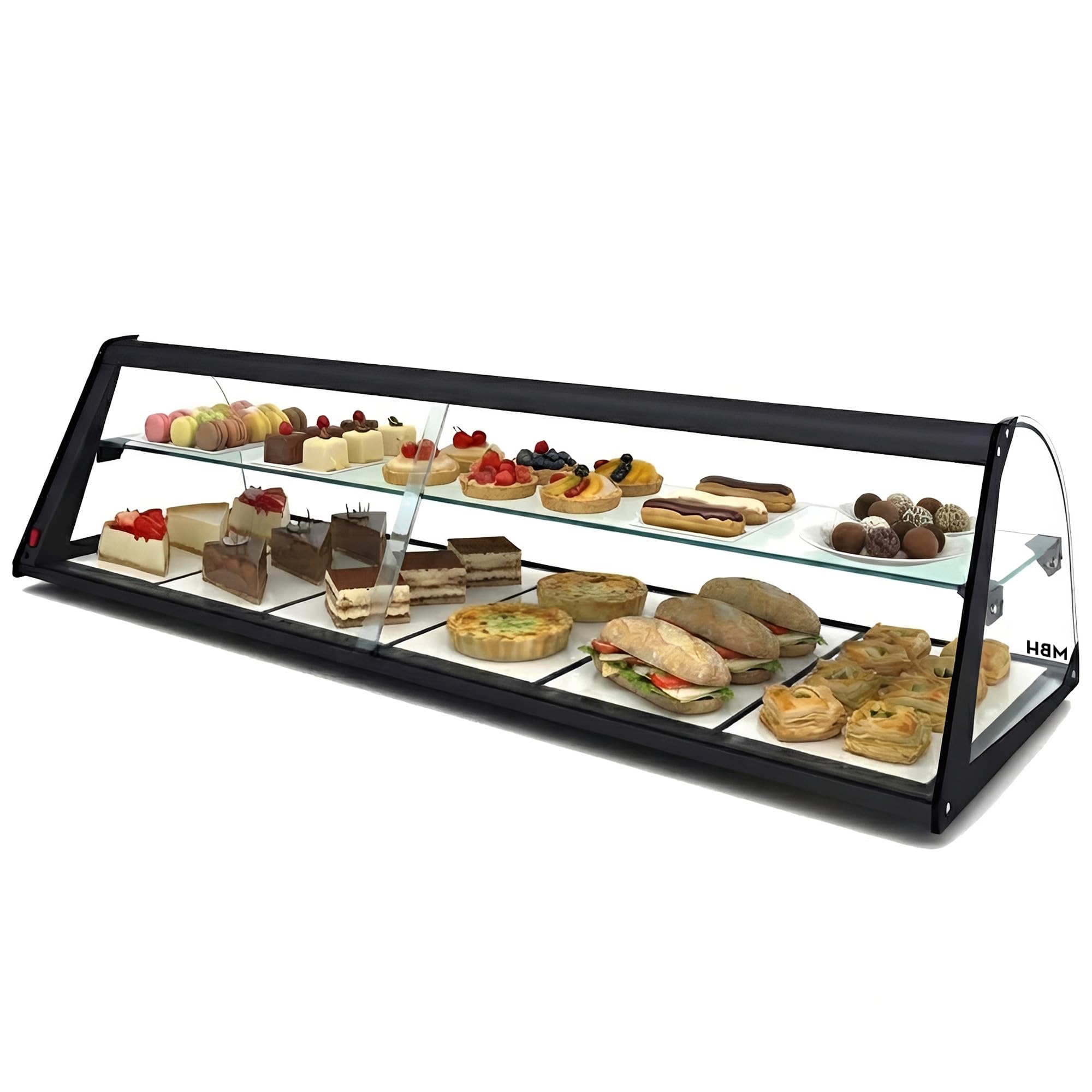MBH - Neutrale Aufsatzvitrine 119 cm, gebogenes ESG-Sicherheitsglas, 2 Etagen, ohne LED-Beleuchtung, rückseitige Schiebetüren, für Bar, Café, Restaurant, Gebäck und Konditorei.