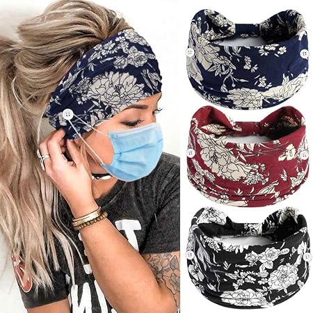 AceornaBoho Button Headband Wide Knotted Hairbands Stretch Nurse Headbands Women Head Wraps Workout Ear Saver Hair Band Leopard Turban Headwear Yoga Hair Accessories for Women 3 Pcs (Set I)