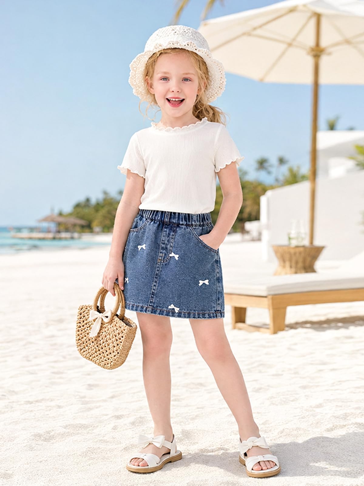 Miipat Gonna in Denim per Bambina, Gonna di Jeans con Pantaloncini a Pieghe a Vita Alta Modello ad A Elastico Casual Mini Gonne con Tasche per Bambine e Ragazze