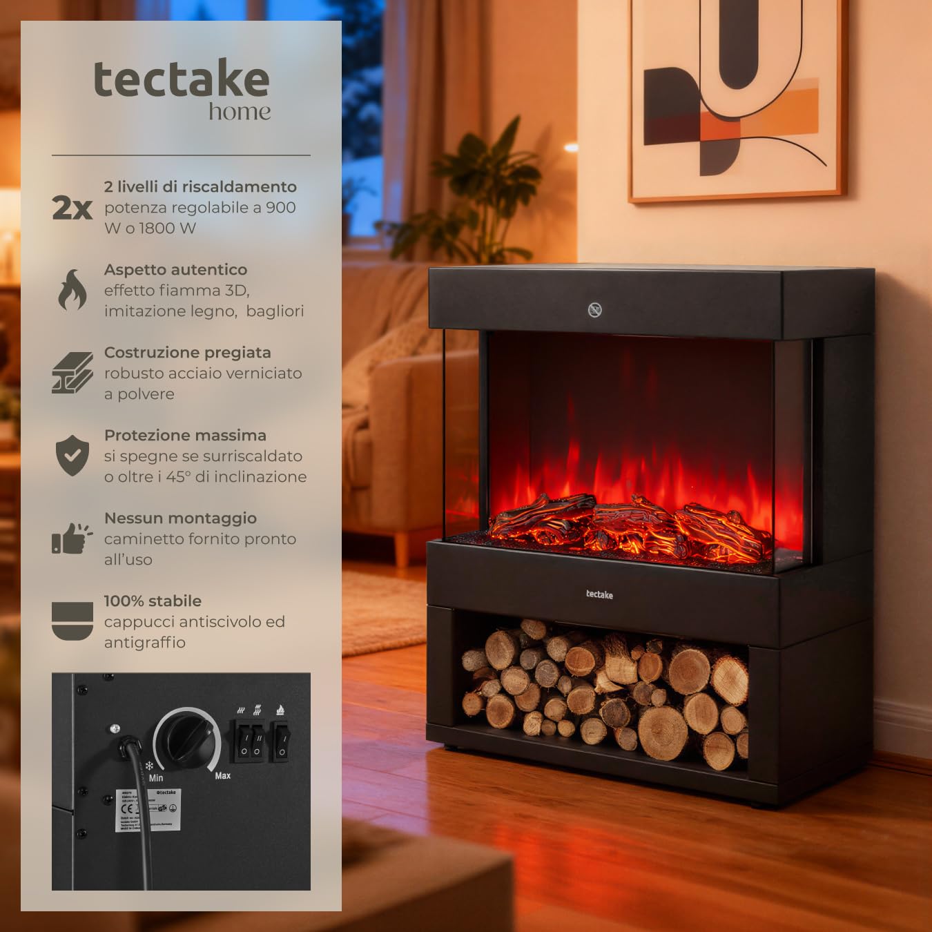 tectake® Caminetto elettrico da terra, 60 x 73,5 x 33 cm, Camino Elettrico da pavimento, 2 livelli di calore 900/1800 W, termostato, effetto fiamma fuoco finto 3D, riscaldamento Casa, Stufa Elettrica