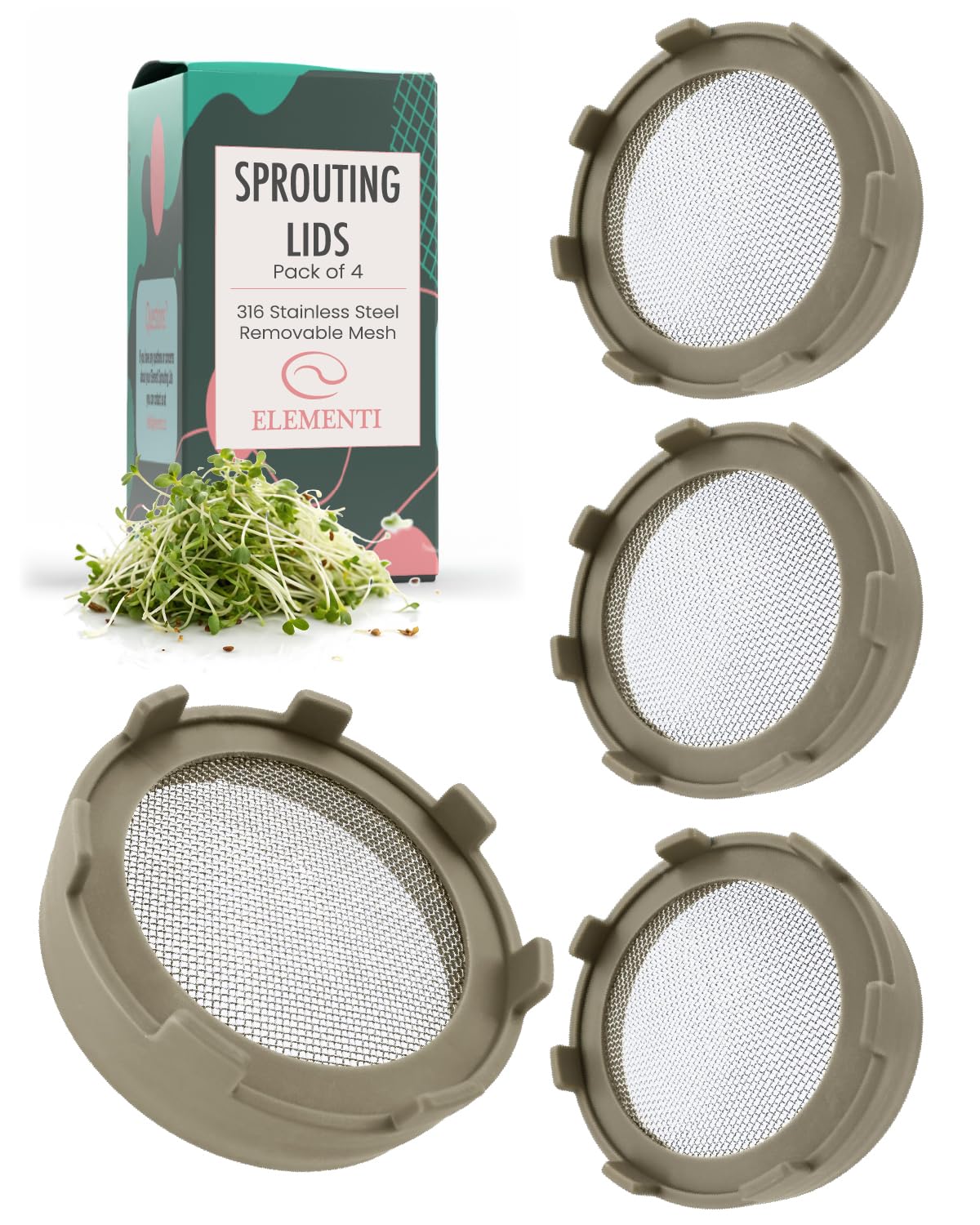 Elementi Sprouting Lids for Wide Mouth Mason Jars (Set of 4), Sprouting Jar Kit for Organic Alfalfa & Micro Greens Sprouts Growing Kit, 316 Stainless
