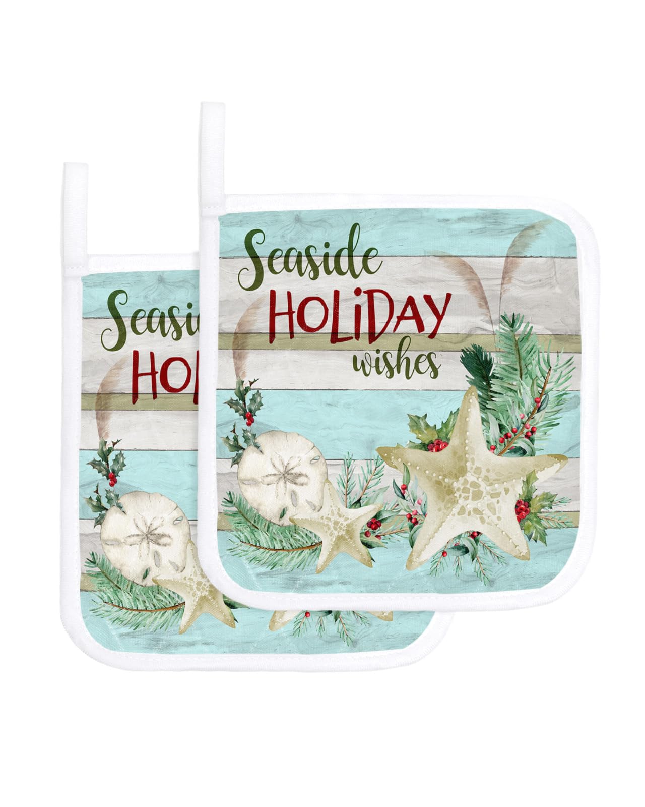 Coastal Christmas Pot Holders for Kitchen Heat Insulation, Seaside Holiday Wishes Xmas Beach Starfish Potholders Hot Pads with Hanging Loop, Washable Oven Mitts Pot Holder Trivet for Cooking 2 Pack