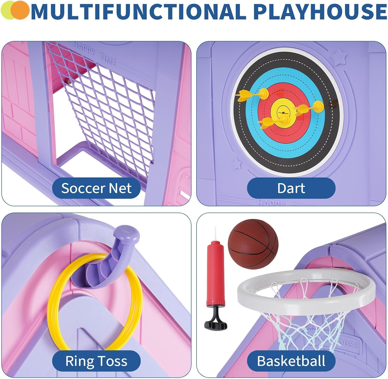 49" Kids Cottage Playhouse with Magnetic Dartboard, Basketball Hoop, Ring Toss & Soccer Goal, Multifunctional Play House for Indoor & Outdoor Play