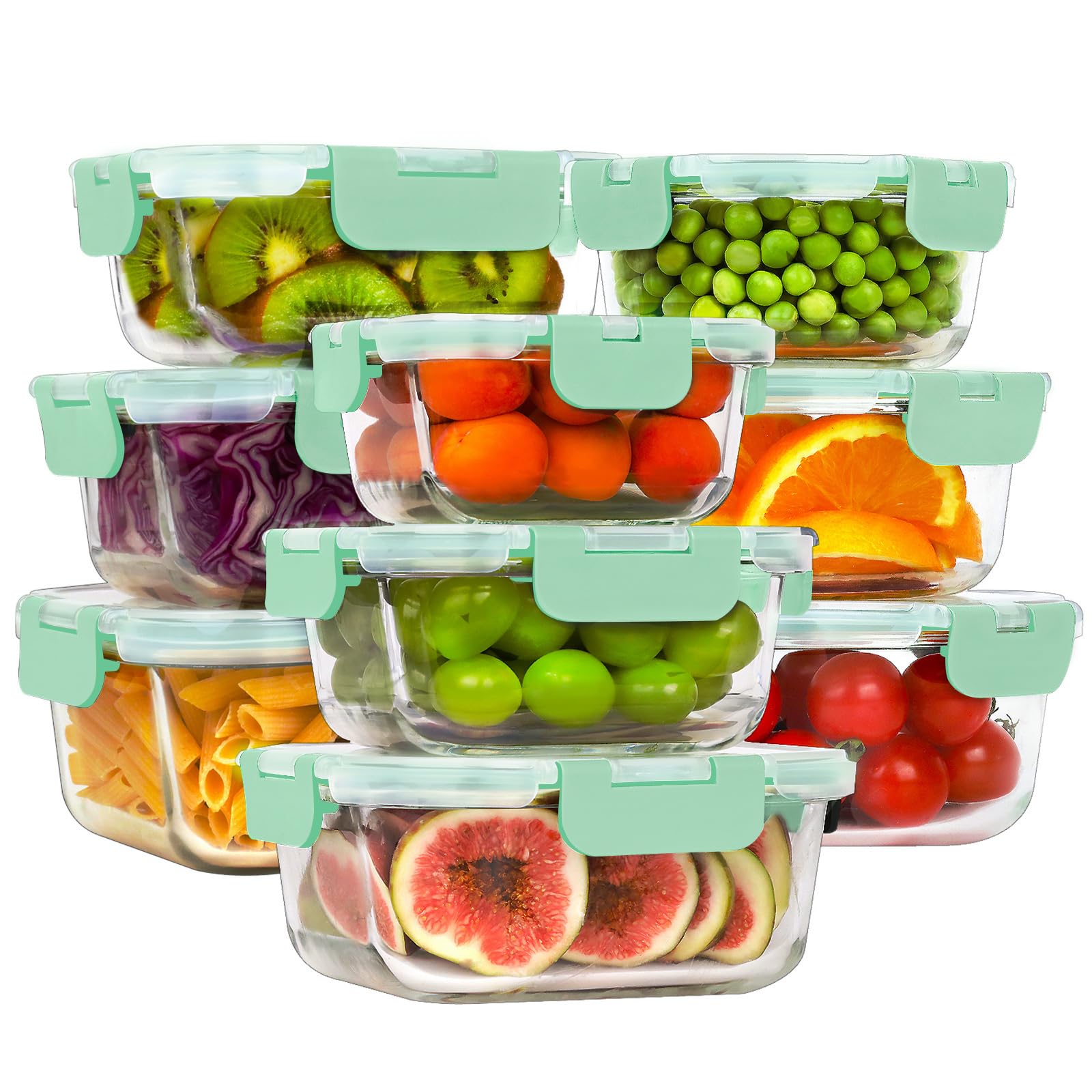 HOMBERKING Frischhaltedosen aus Glas mit Deckel, [18 Stück] Glas-Mahlzeiten-Vorbereitungsbehälter, luftdichte Glas-Lunch-Bento-Boxen, BPA-frei & auslaufsicher (9 Deckel & 9 Behälter) - Blau
