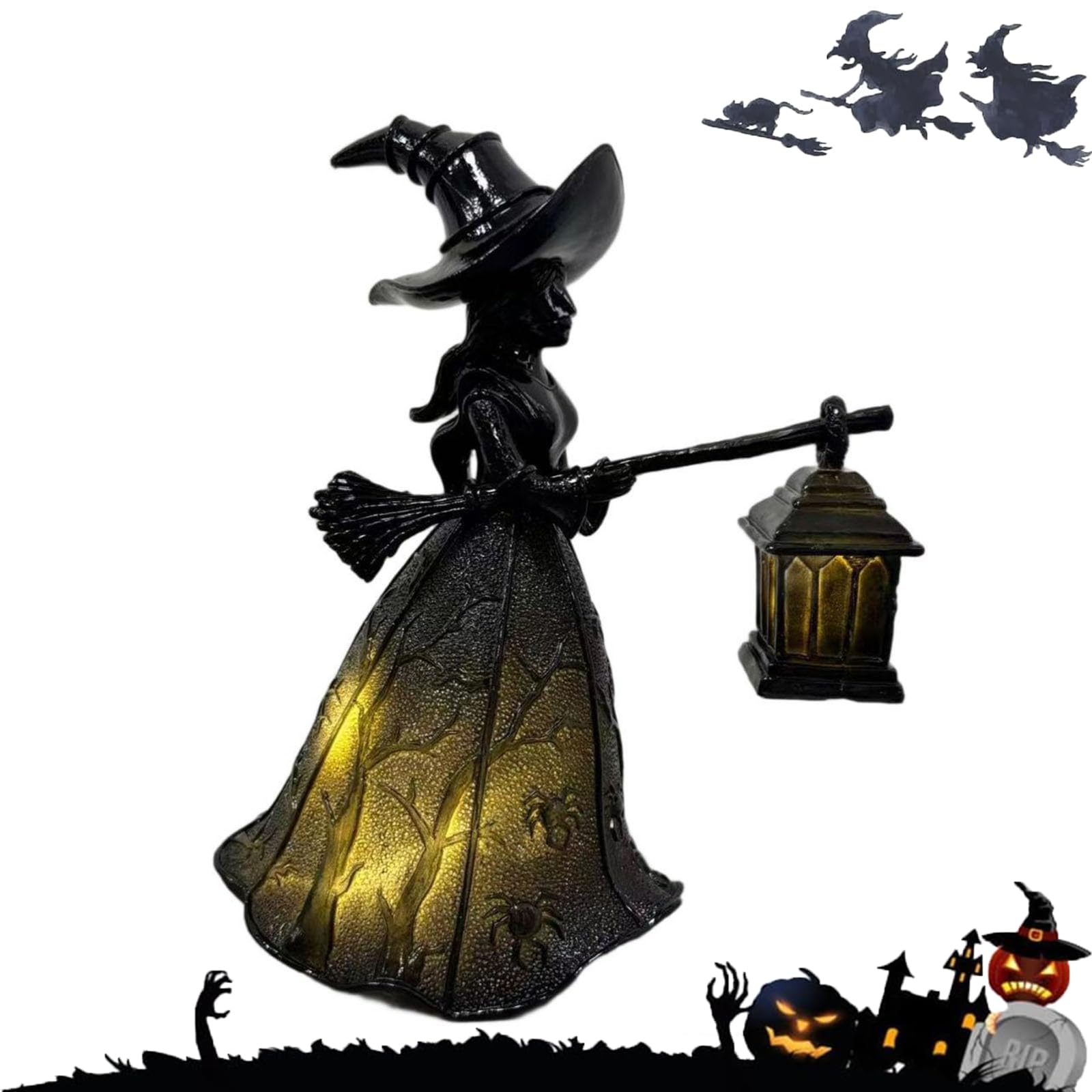 Halloween Witch Lamp, Stained Glass Gothic 3D Witch Hat Led Night Light, Spooky Resin Witches Standing Led Night Light, Spooky Decorative Table Lamps for Home Porch Tabletop Party Decor