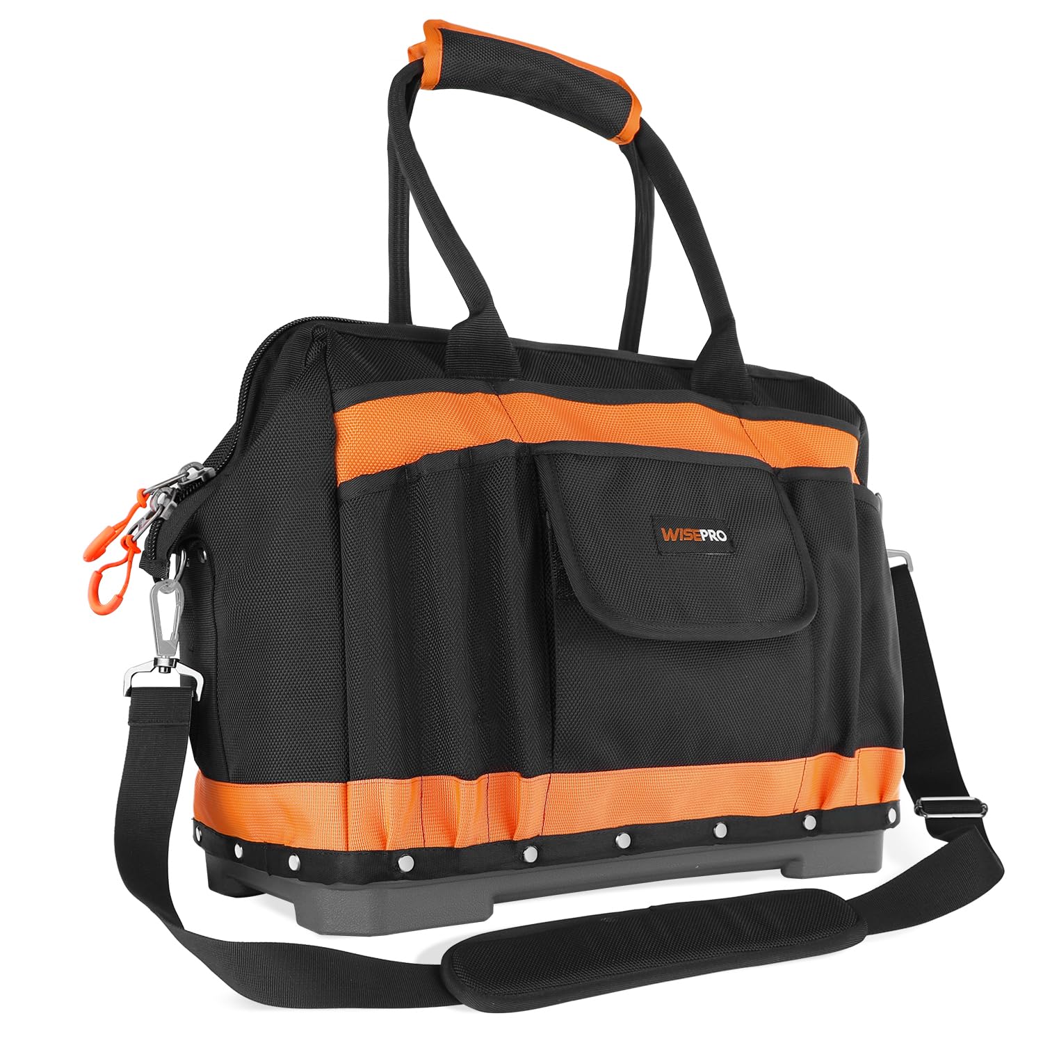 WISEPRO Wide Mouth Tool Bag, 16 Inch Heavy Duty Tool Bag with Multi-Pockets, Molded Waterproof Base for Plumbers, Electricians, Handymen