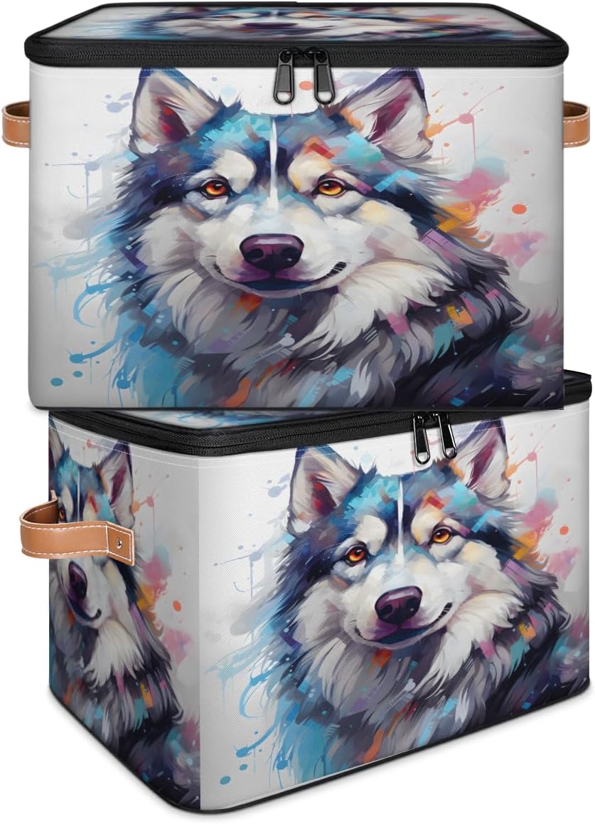 Storage Bin Set of 2 Dog Animal Storage Basket with Zipper Lid & Handle Foldable Closet Shelf 2 Pack Cloth Organizer Basket Cube Bins Clothes Organizer for Bedroom, Nursery