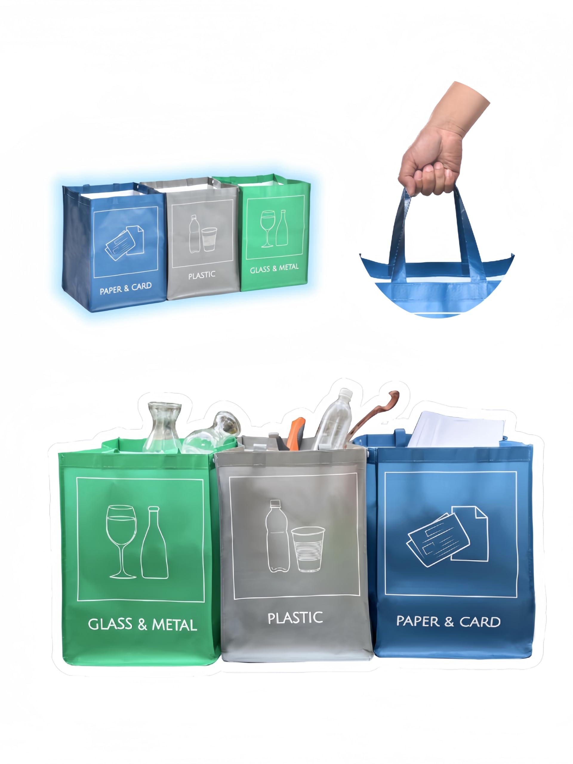 YOUNG DAReusable Recycling Bags, Recycling Bins 3-Piece Set with Handles for Kitchen, Home and Office, Waterproof, Easy Waste Separation & Recycling Organizer