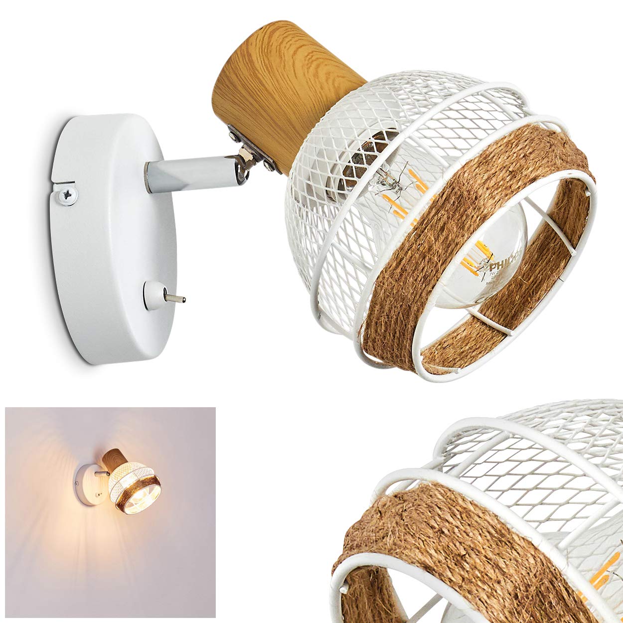 Bariloche Adjustable Wall Light Metal/Wood/Hemp Rope In White