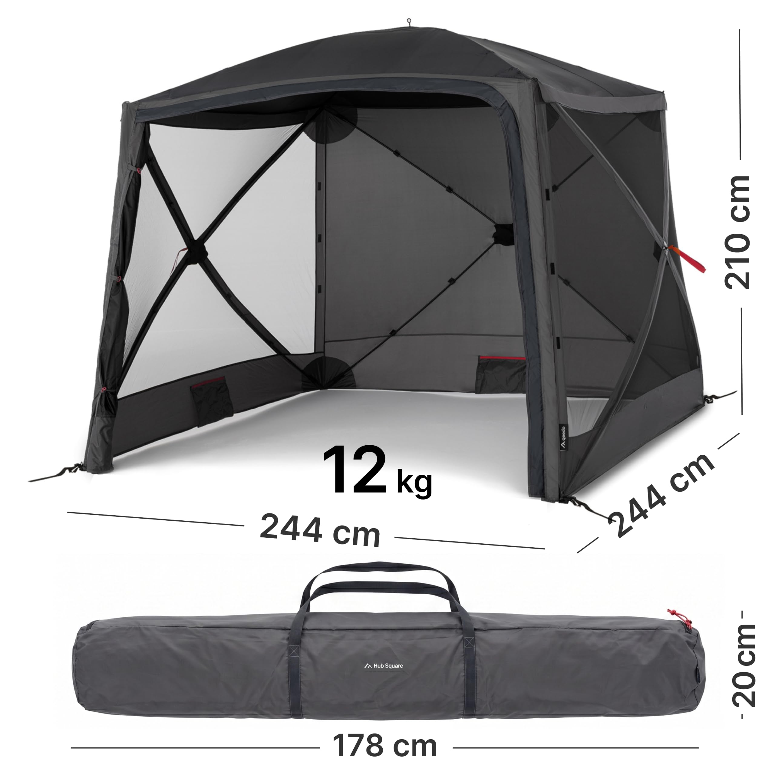 qeedo Quick Hub Square Faltbarer Pop Up Pavillon 2x2m mit Schnellaufbau & UV-Schutz - wasserabweisender Camping Pavillon mit Sturmleinen & robusten Stahlheringen