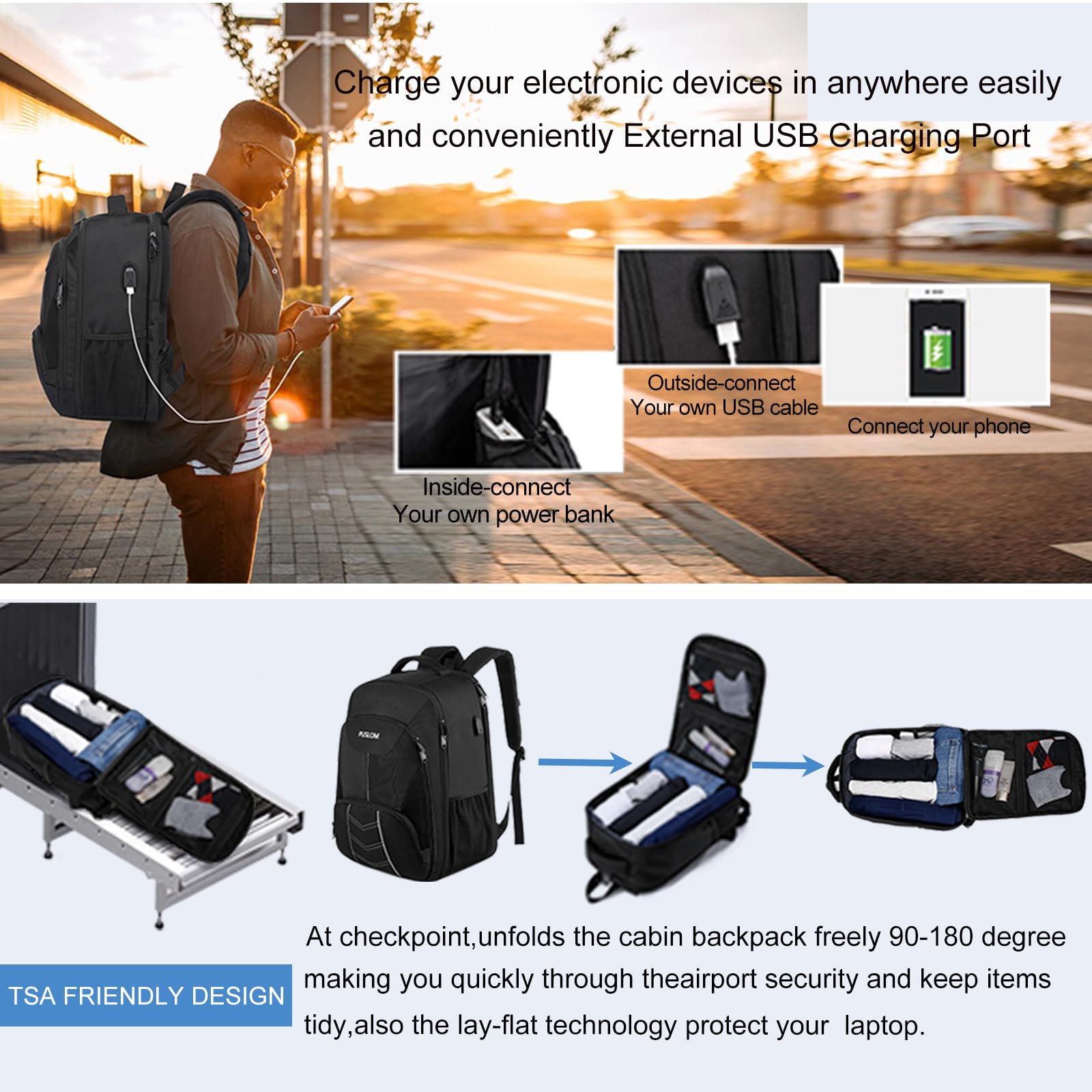 Zaino per Ryanair 40x20x25 Zaino da Viaggio Aereo Zaino Bagaglio a Mano Borsa da Cabina per Voli Zaini Casual 14 Pollici Zaino Porta PC Uomo Donna con Caricatore USB per Scuola Lavoro Trekking, Nero