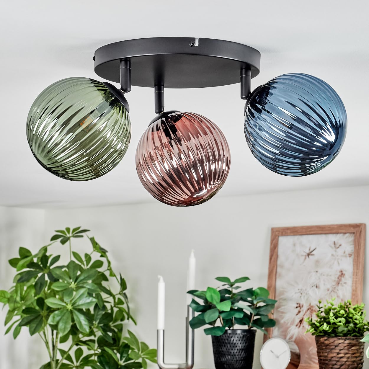 HOFSTEIN Deckenleuchte Chehalis, 3-flammige Deckenlampe aus Metall/Riffelglas in Schwarz/Blau/Grün/Kupfer, verstellbare Leuchte Retro-Design (Schirme Ø 15 cm), G9, Esszimmer, Wohnzimmer, Schlafzimmer