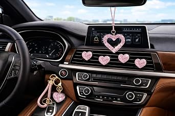 Pink Car Accessories for Women, 6 Pcs Bling Rhinestone Heart Car Decor Set with Wristlet Keychain, 4 Air Vent Clips and Rear View Mirror Hanging Charm, Cute Car Interior Accessories for Women Girls