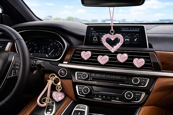 Pink Car Accessories for Women, 6 Pcs Bling Rhinestone Heart Car Decor Set with Wristlet Keychain, 4 Air Vent Clips and Rear View Mirror Hanging Charm, Cute Car Interior Accessories for Women Girls