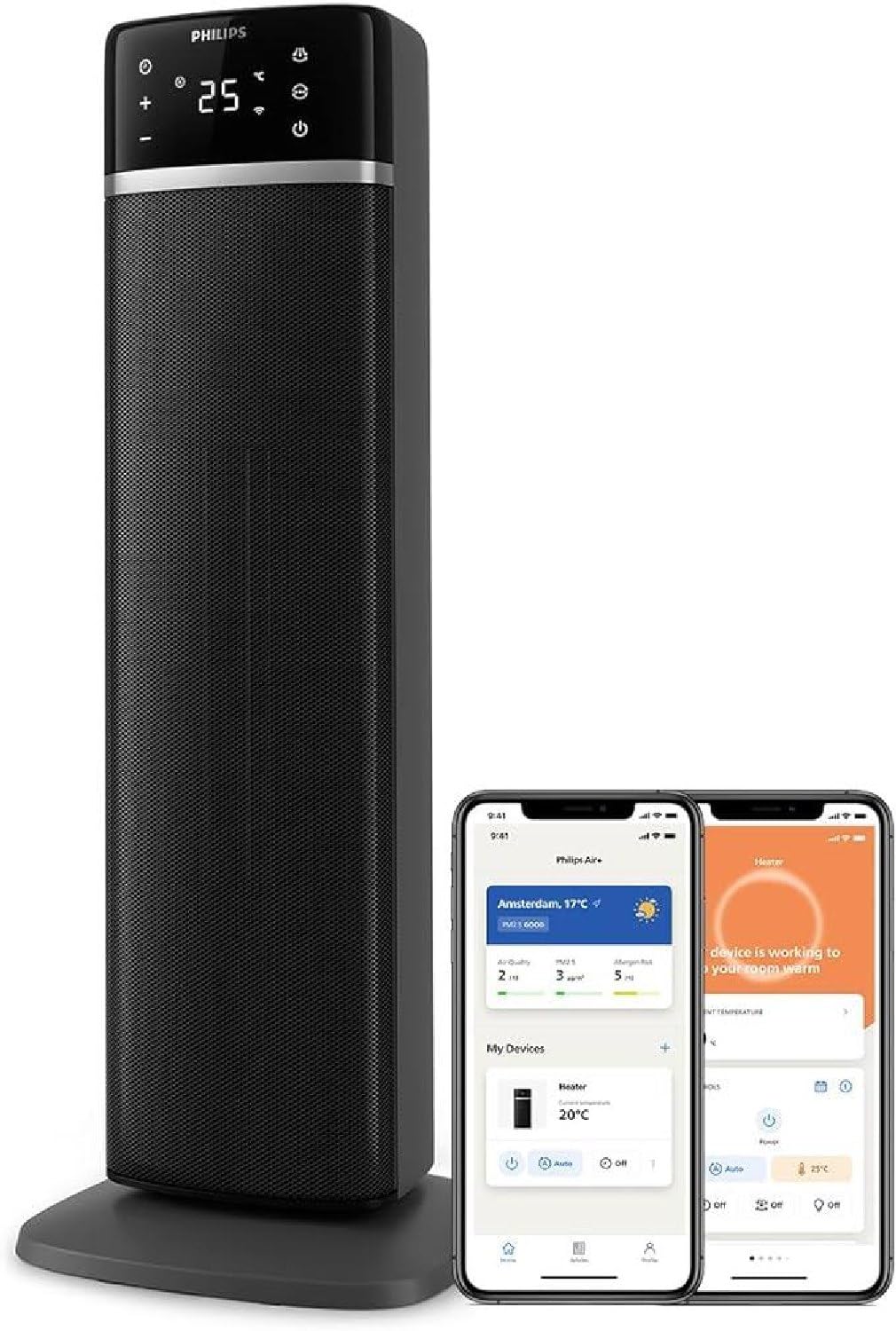 Philips Termoventilatore in ceramica Serie 5000, riscaldamento immediato in 2 secondi, AI per risparmio energetico, 5 funzioni di sicurezza integrate, controllo via App, grigio e nero (CX5120/11)