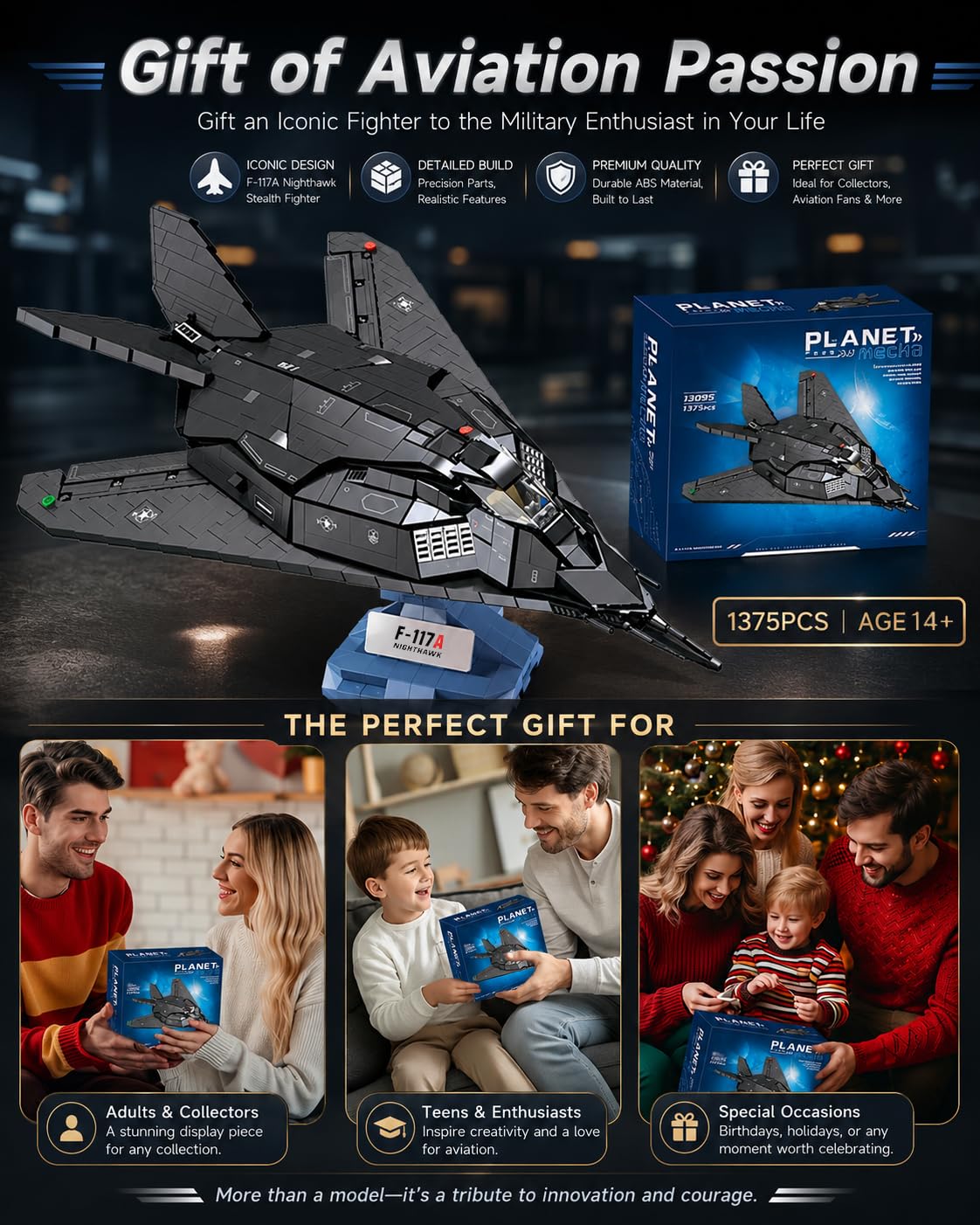 Set de construcción del avión de Combate F-117A, Compatible con Lego, 1375 Piezas, Modelo de avión furtivo de 50 cm con Soporte, Nighthawk Militar