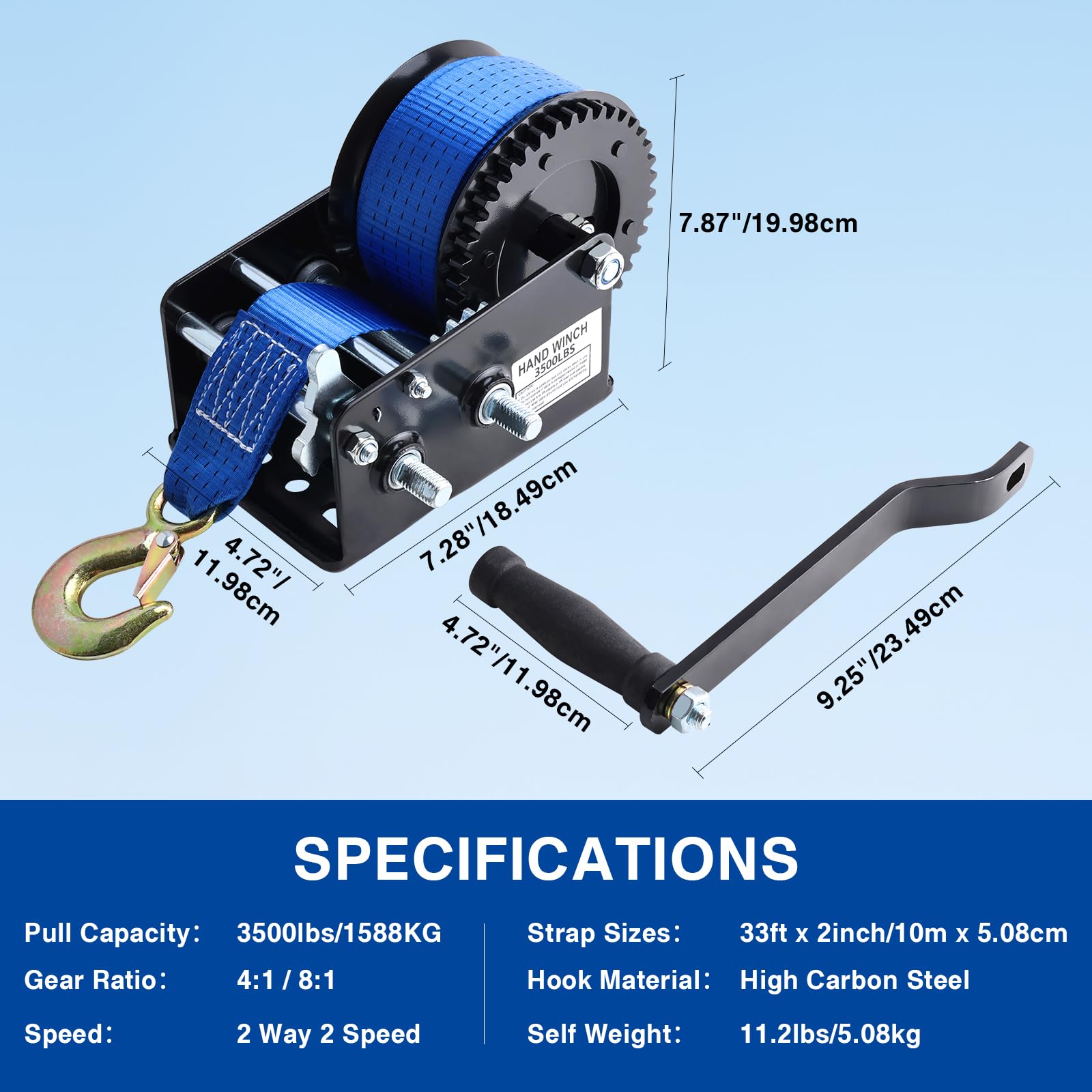 FreeTec Verricello manuale da 3500 lbs | Cinghia di sollevamento in poliestere da 10 m (50 mm) | Cambio a 2 marce per barche e camion