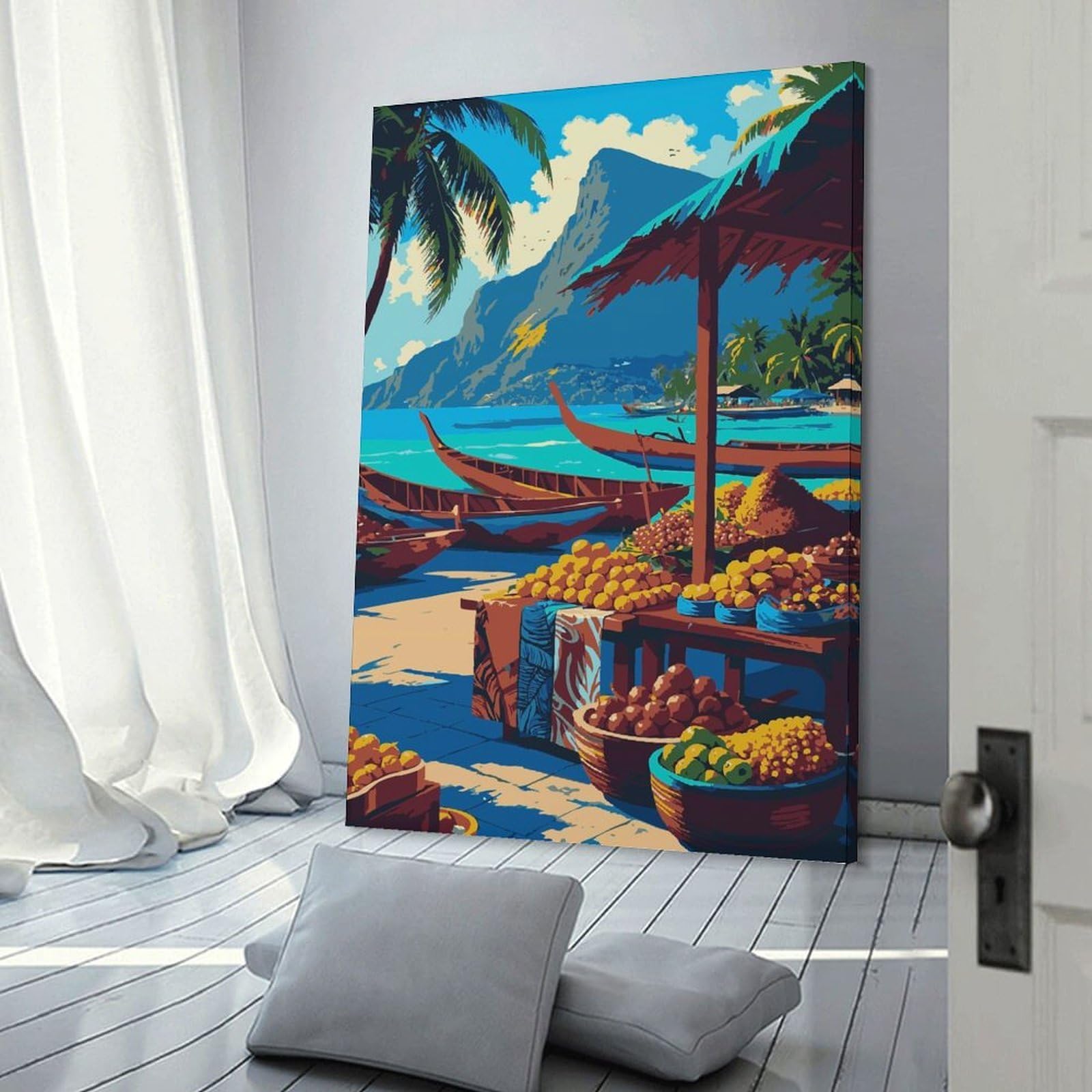 Junmoney Room Decor Wall Art Tropical Beach Market with Boats, 24x36inch(60x90cm), for Hallway, Bedroom Or Modern Interiors, Gift Idea for Housewarming And Birthdays