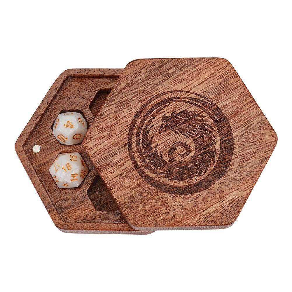 BENECREAT Dragon Engraved Walnut Wood Dice Magnetic Storage Boxes, Hexagon Gaming Dice Box for Polyhedral, RPG and Tabletop Gaming, Coconut Brown