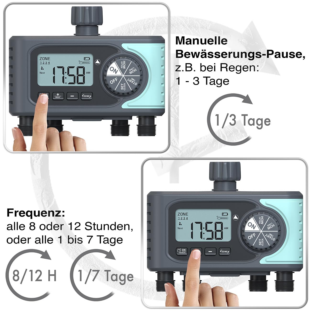 Royal Gardineer Garten-Wassercomputer: Digitaler Bewässerungscomputer mit Display, 4 Zonen, programmierbar (Gartenbewässerung Computer, Schlauch-Ventile elektrisch, Automat)