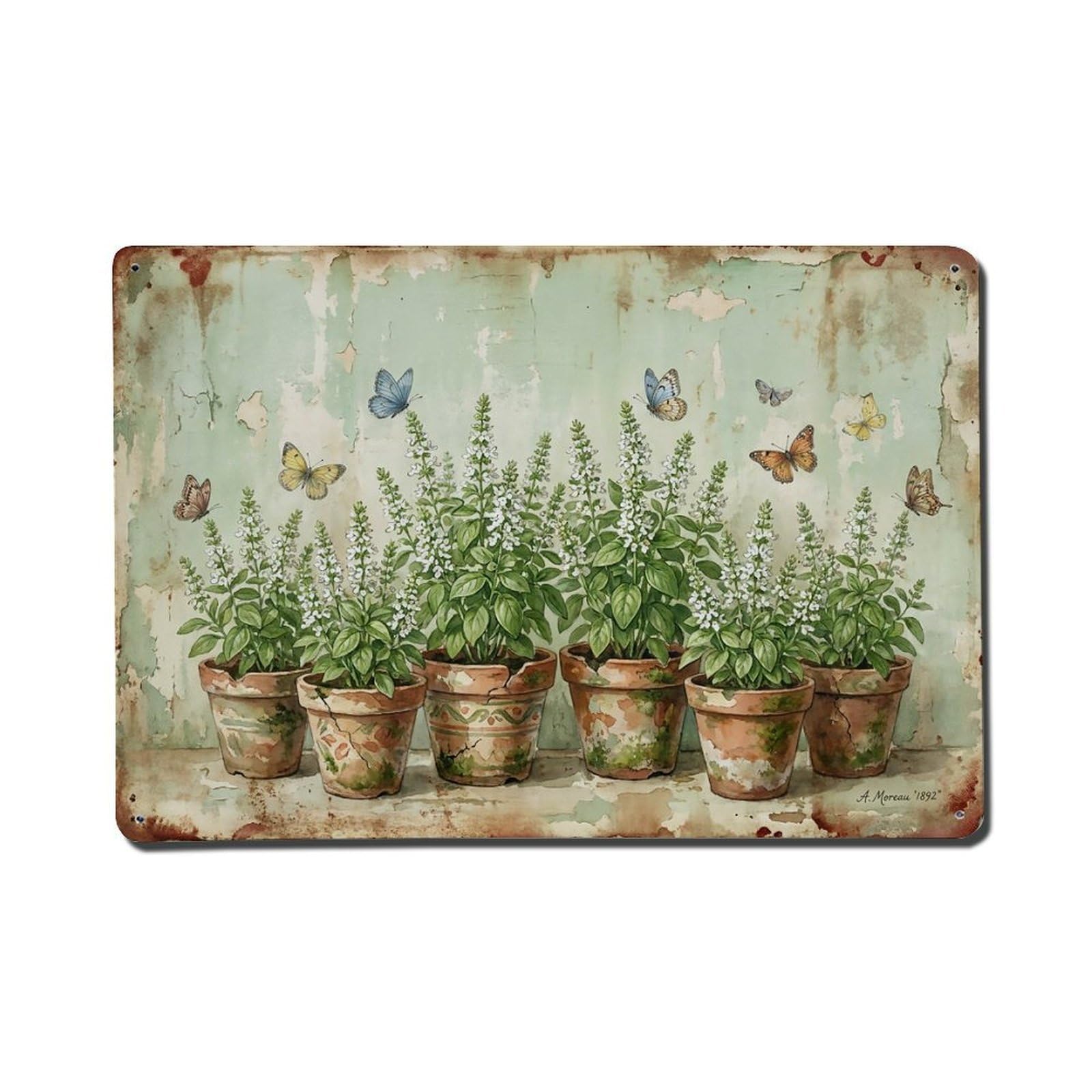 Vintage Rustic Flower Potted Plants Basil Metal Tin Sign