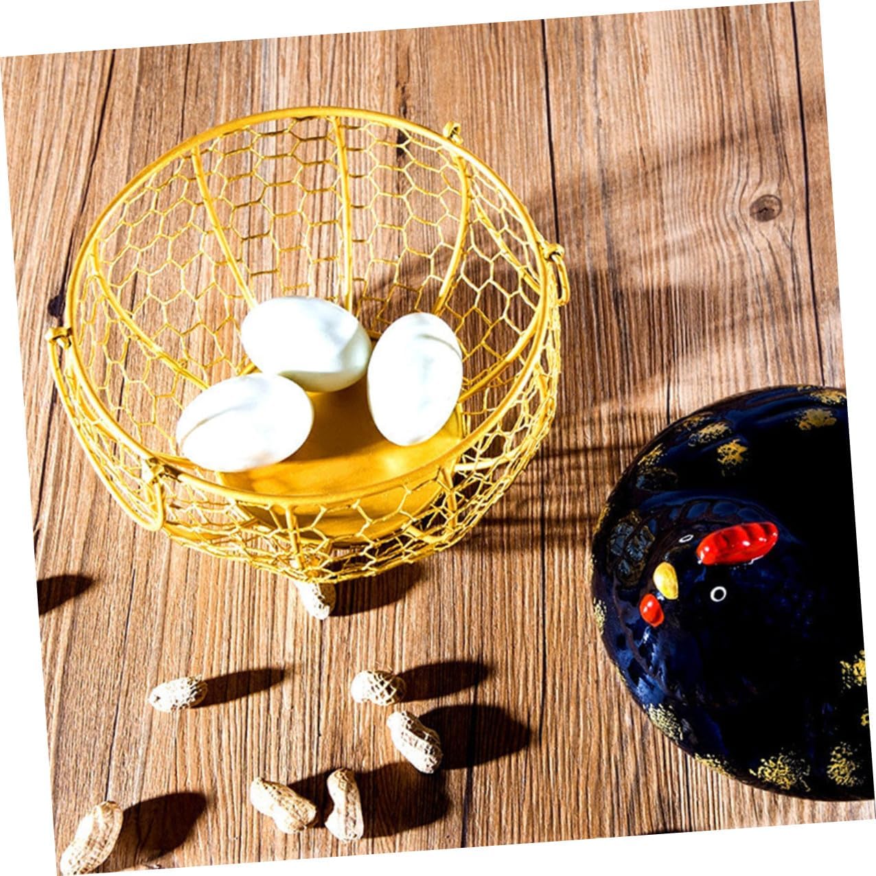 Rustic Iron Egg Storage Basket with Black Metal Lid and Gold Wire Frame, Food and Fruit Organizer for Kitchen Countertop, Decorative Home Egg Container