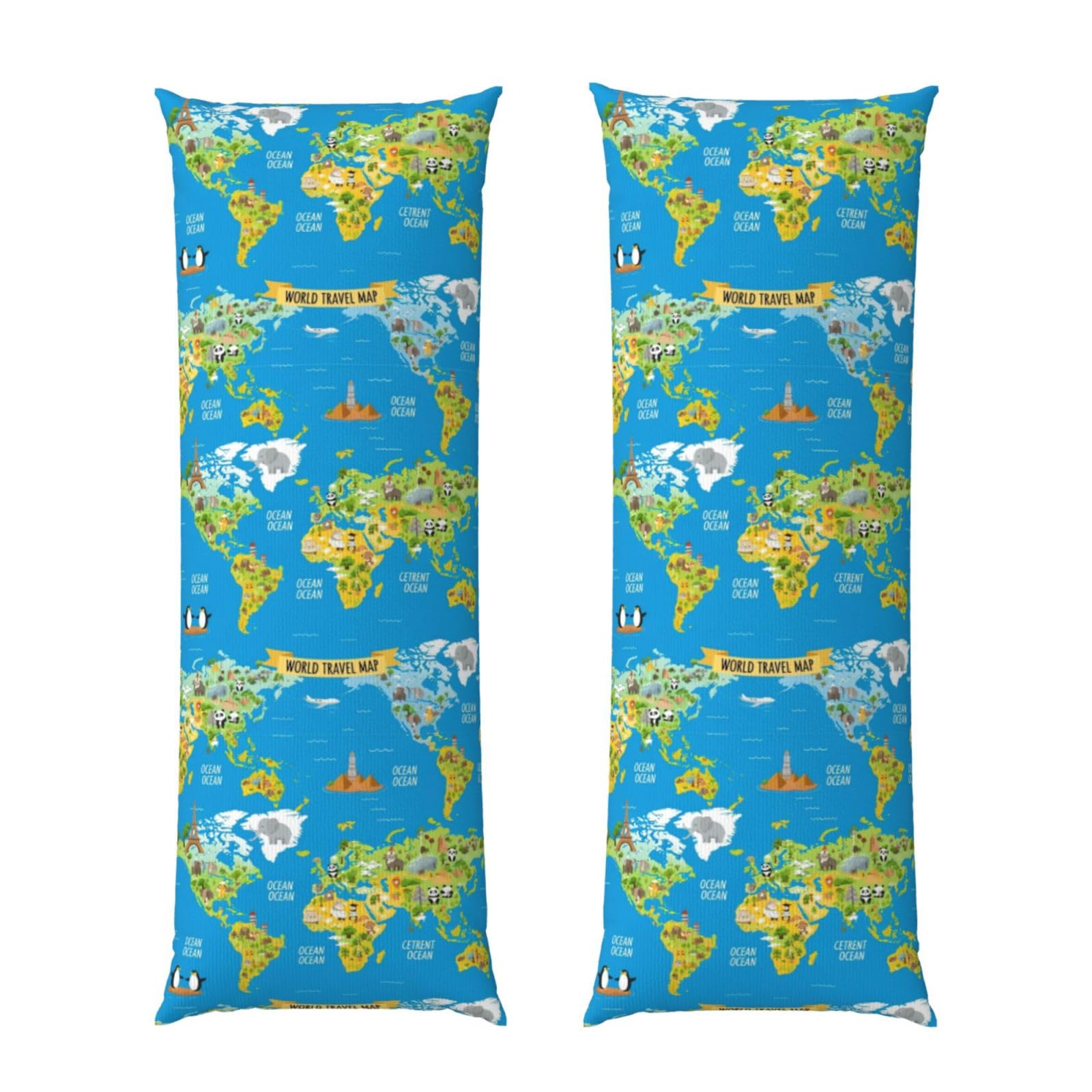 Body Pillow Cover 20x60 Animal World Map, Plush Flannel Long Pillowcase with Zipper, Soft Cozy Cushion Protector, Wrinkle Free for Bed Sofa Home