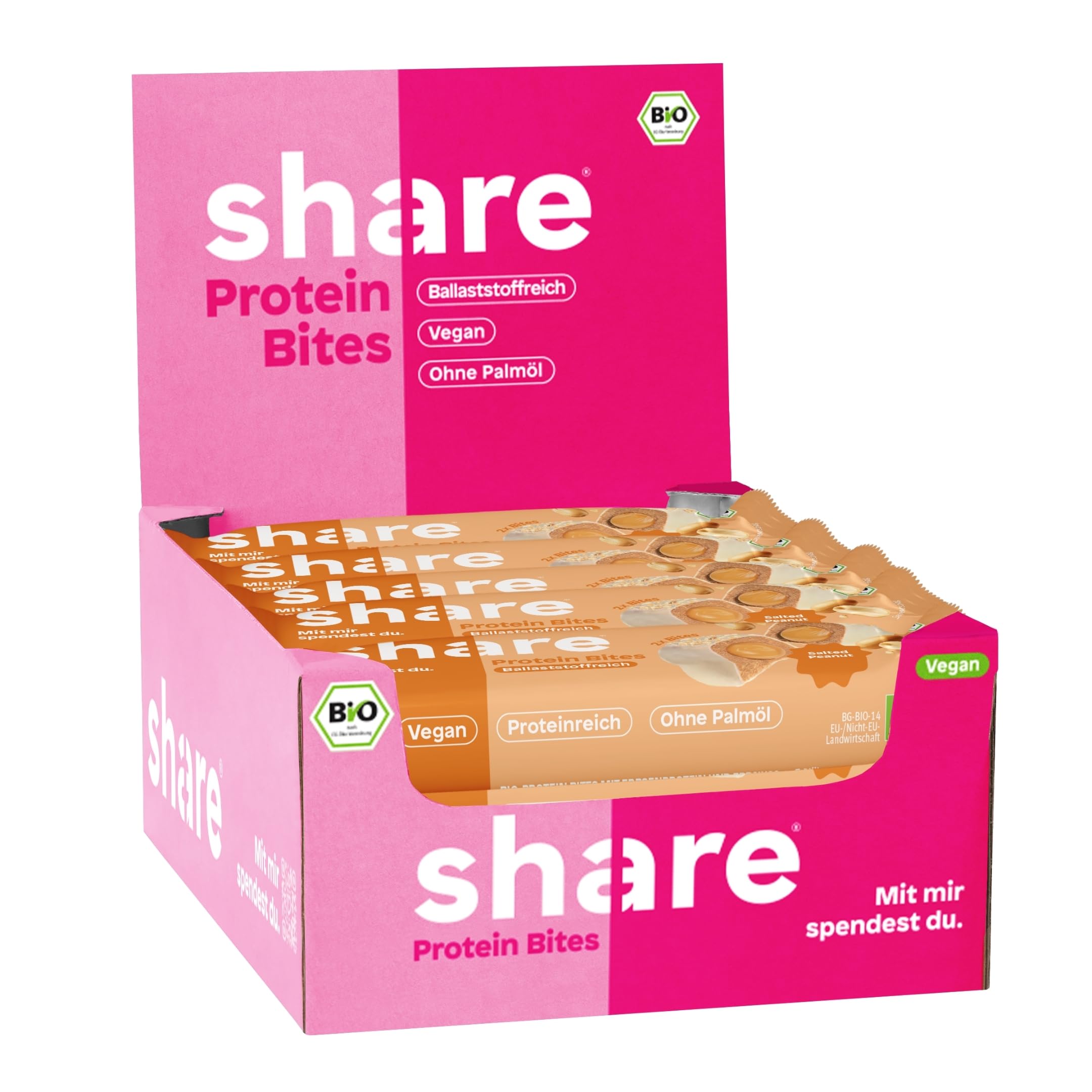 share Bio Protein Bites Salted Peanut (15x40g) | Veganer Proteinriegel 23% Eiweiß, Ballaststoffreich, Ohne Palmöl, Jeder Kauf spendet, Proteinquelle, Cremige Nussmus-Füllung