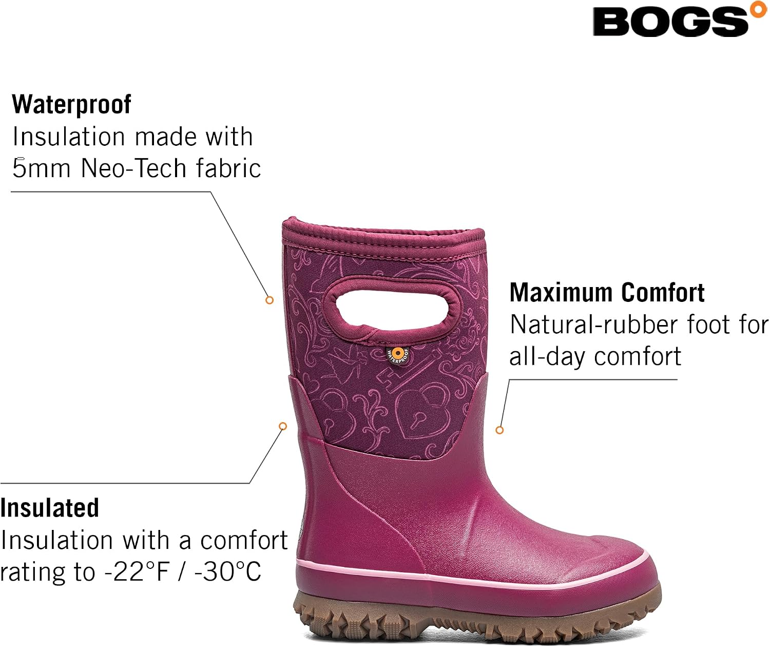 BOGS Grasp Kids Waterproof Rain Boots, Insulated Winter Snow Boots