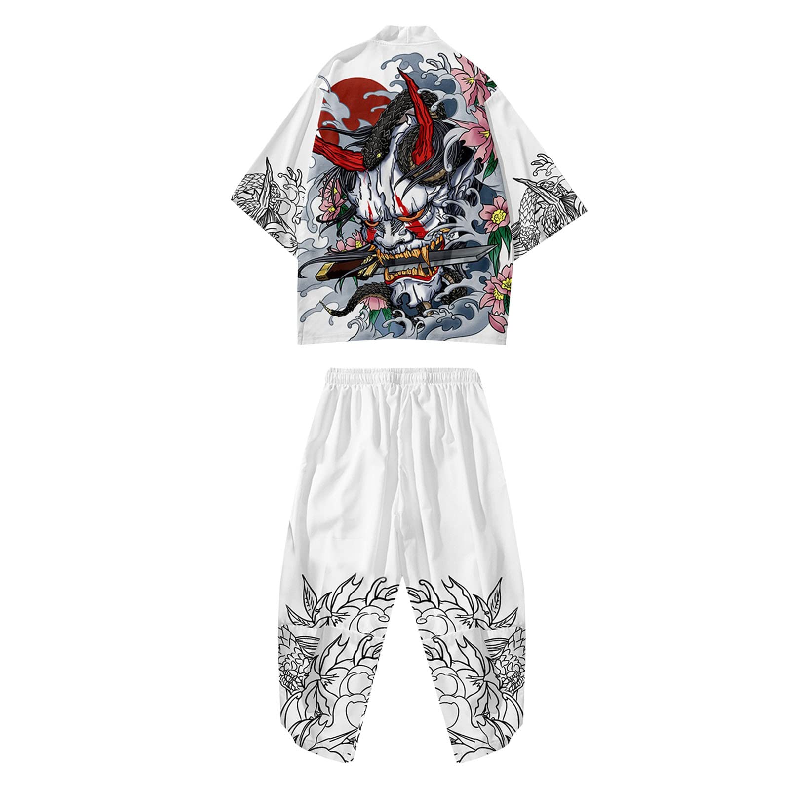 Generico Kimono estivo da uomo, 2 pezzi, tuta sportiva a maniche corte, maglietta funzionale, pantaloncini, accappatoio giapponese, classico, cardigan classico, giacca classica