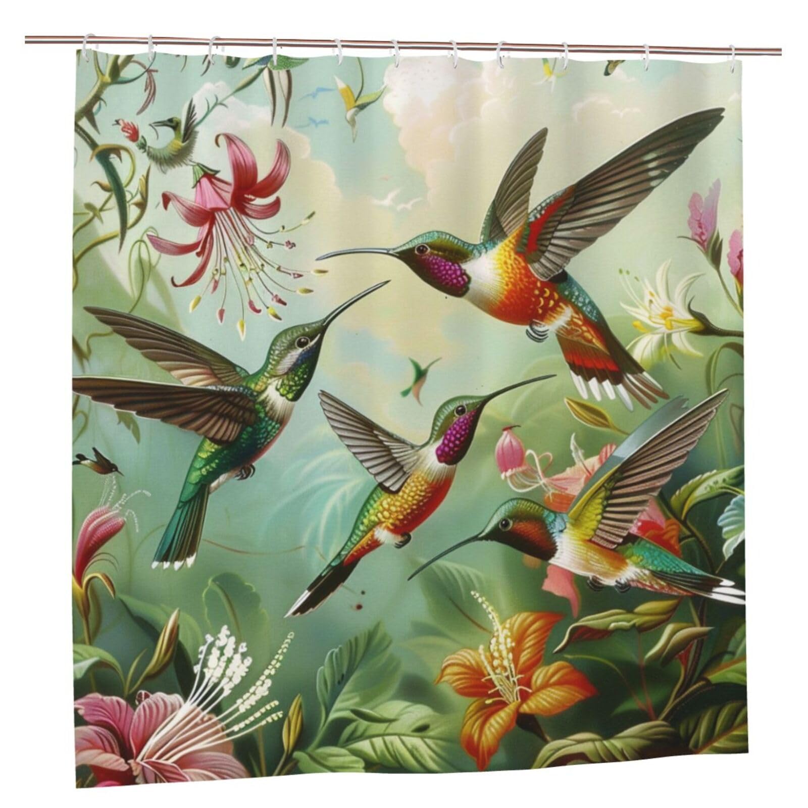 BWWHCCTI Beautiful Hummingbirds Printed Shower Curtain With 12 Plastic Hooks Opaque Quick Drying Waterproof Shower Curtains Sets For Bathroom 183x183 CM