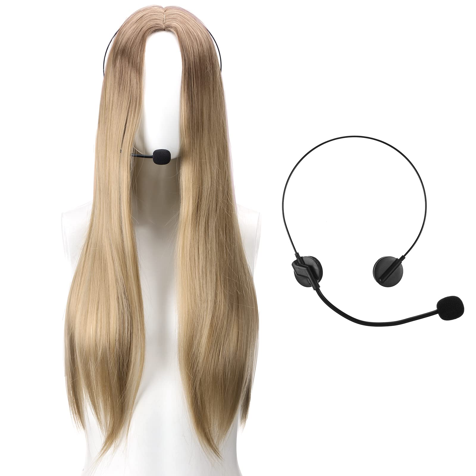 WILLBONDWILLBOND Halloween Rock Star Singer Costume Accessories, Include Fake Singer Microphone Toy Microphone Headset Costume with Long Blonde Wig Straight Synthetic Wig for Masquerade Cosplay Rock Concerts