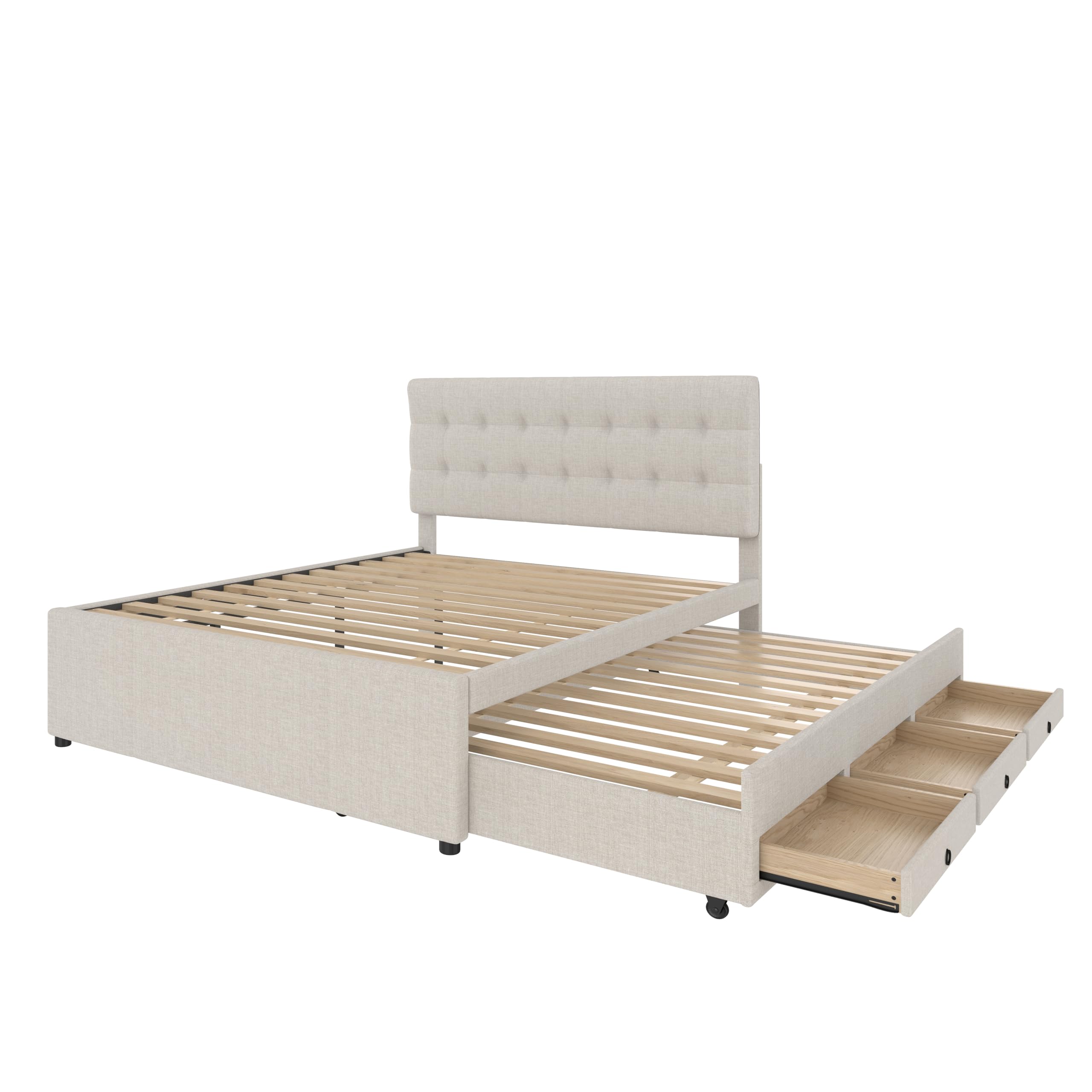 Moimhear Letto imbottito, matrimoniale, letto familiare, matrimoniale con tre cassetti, letto estraibile, testiera regolabile (beige)