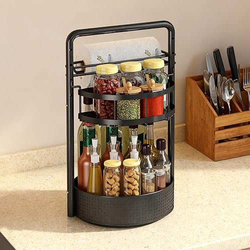 Miniatura 8 de Organizador de especias giratorio de 2 niveles con soporte para toallas de papel, organizador Lazy Susan para condimentos, botellas, tarros, soporte