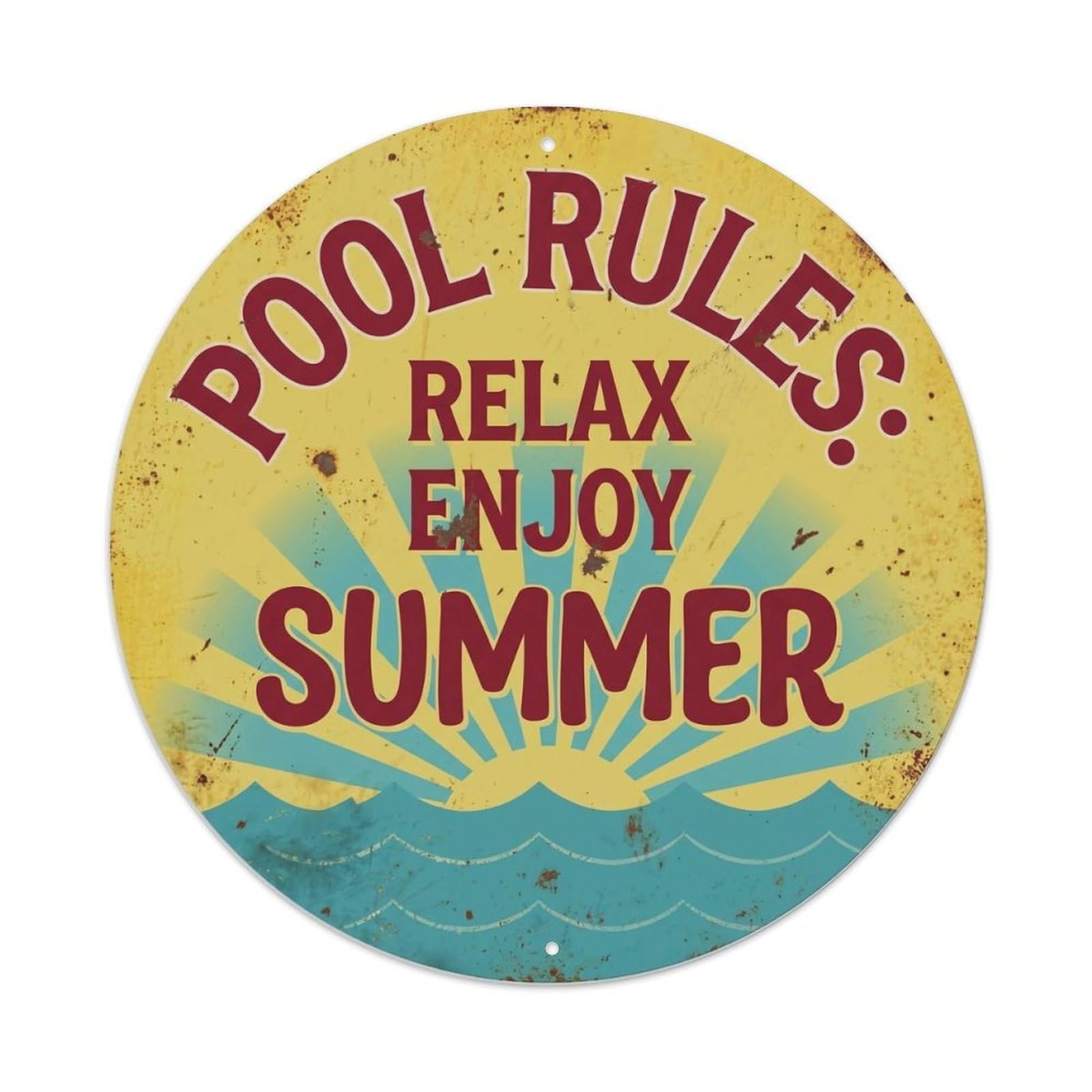 Pool Rules Retro Summer Swim Safety Relax Enjoy Leisure Metal Tin Sign Plaque Wall Decor for Cafe, Man Cave, Club Bar, Office, Home Garden Round Metal Poster 8x8Inch