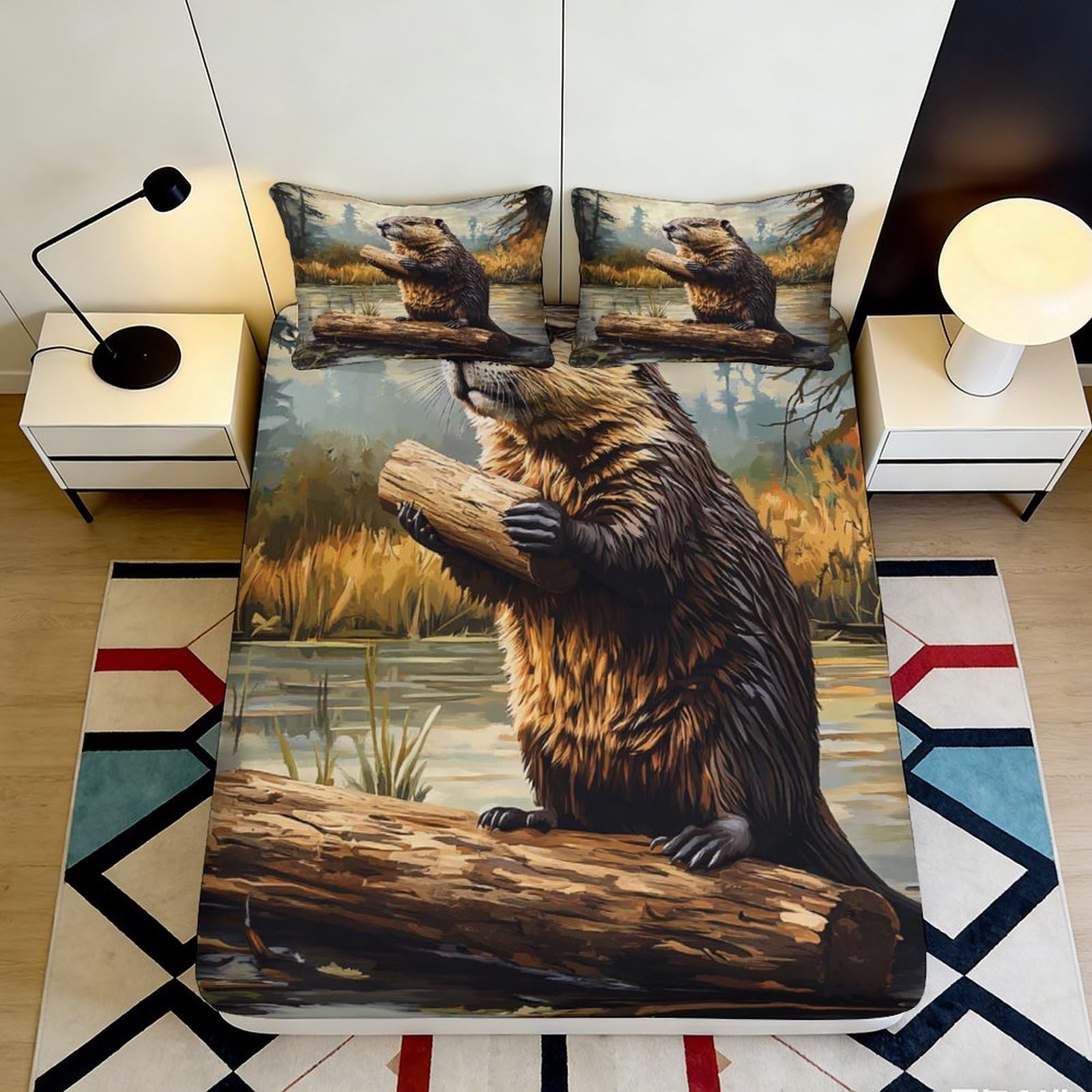 3D Printed Beaver Animal Fitted Sheet Microfiber Soft Durable 3D Printed Log Mattress Cover for Bedroom Dormitory Guest Room Mattress Protection 200x200x25cm
