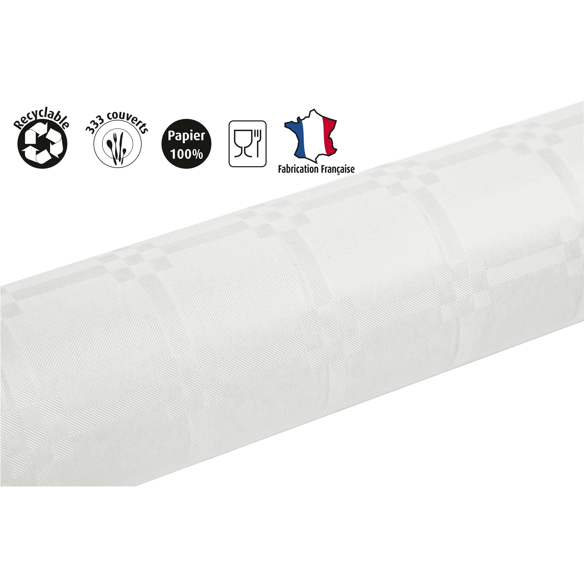 Pronappe - Réf. R480001I - 1 Nappe jetable papier damassé en rouleau 100 M de long X 1,18 M de large - Papier damassé au motif universel chic et classique - Couleur blanche