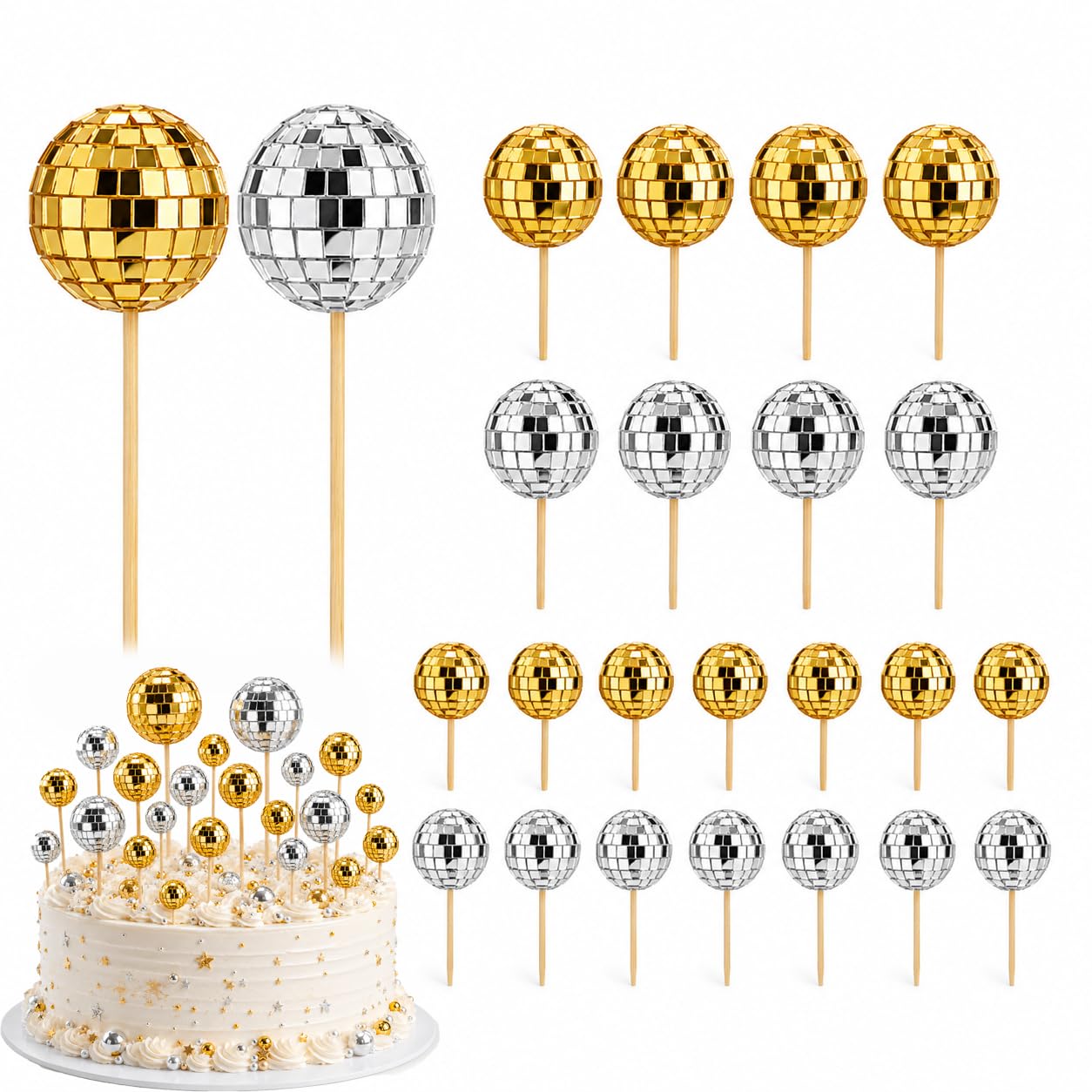 24-Piece Disco Ball Cake Decorations Set