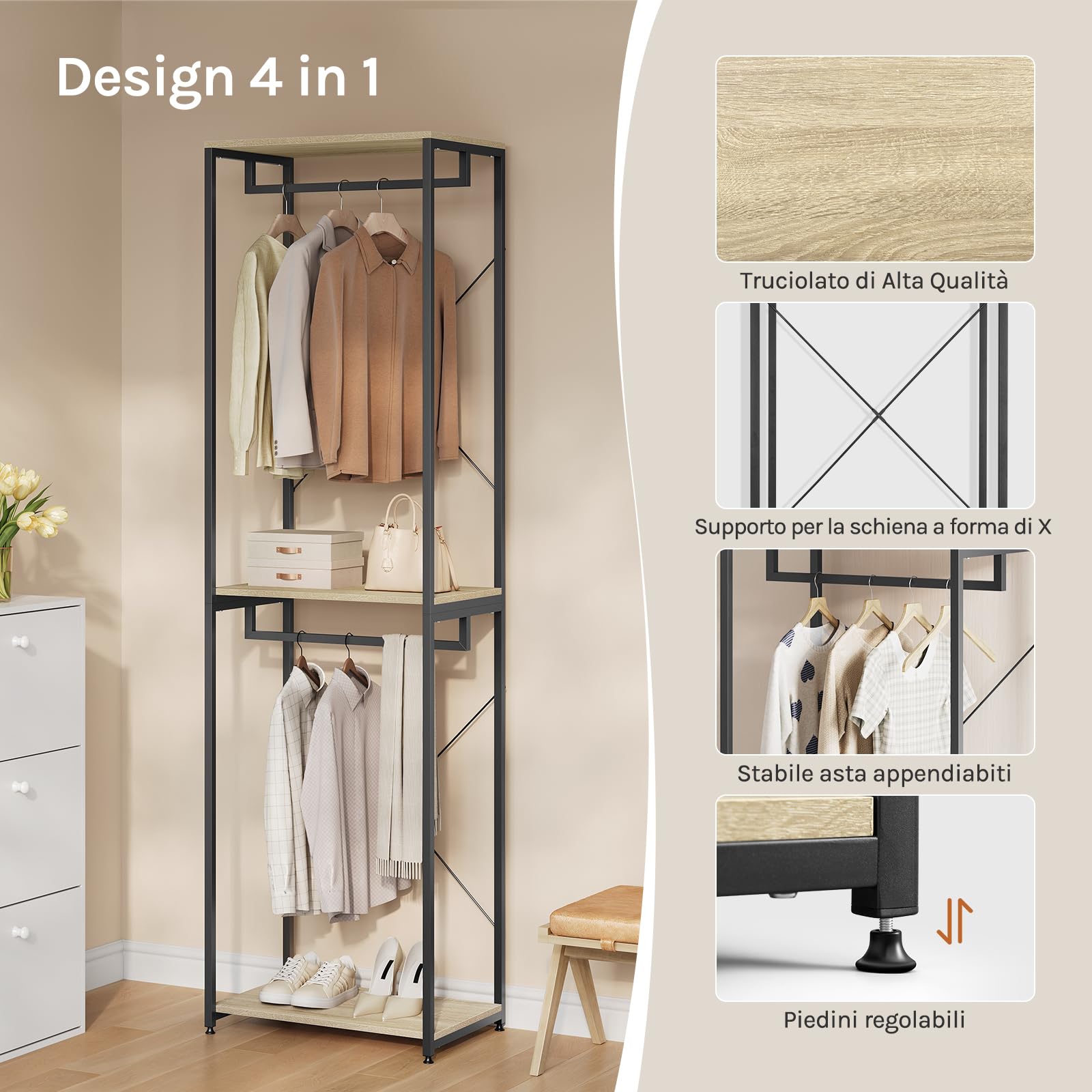 WOLTU Stand Appendiabiti in Legno Attaccapanni Guardaroba per Cameretta Scaffale Porta Abiti 60x40x213 cm