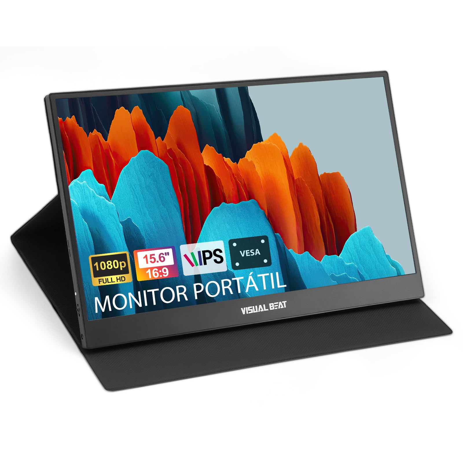 Visual Beat Monitor Portátil 15,6" Full HD 1080P, IPS 100% sRGB, USB-C y HDMI, Funda Soporte, VESA, para Portátil, PC, Mac, PS5, Xbox y Switch