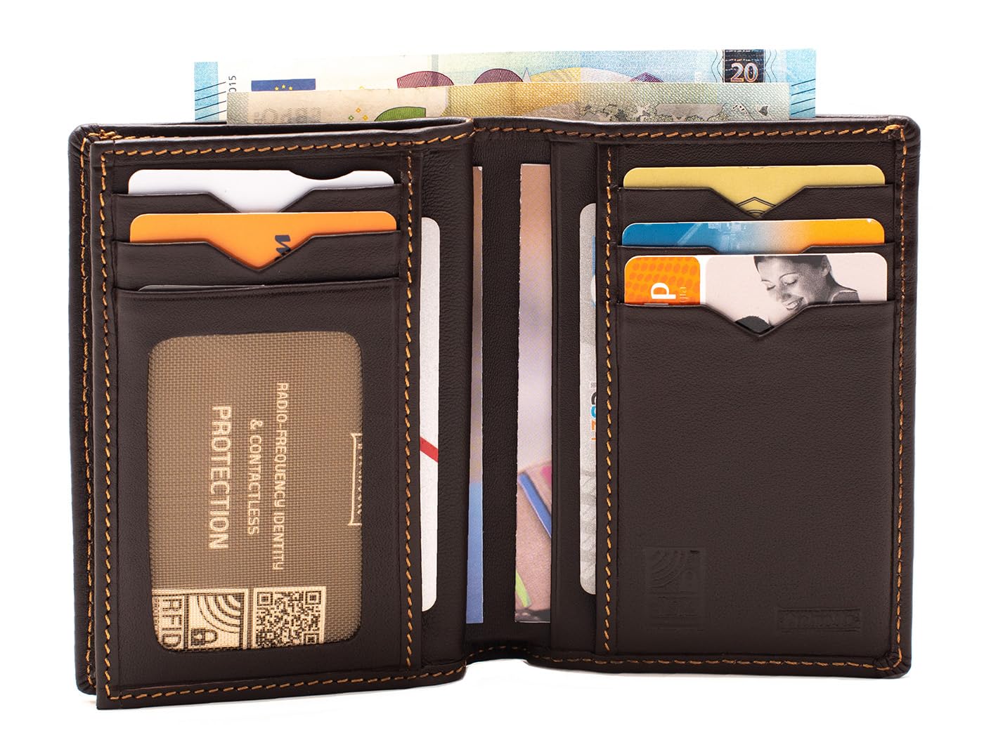 PE232 Cartera Marron de Piel Legitima Tarjetero para Hombre | Billetera con Protección RFID, Doble Billetero.