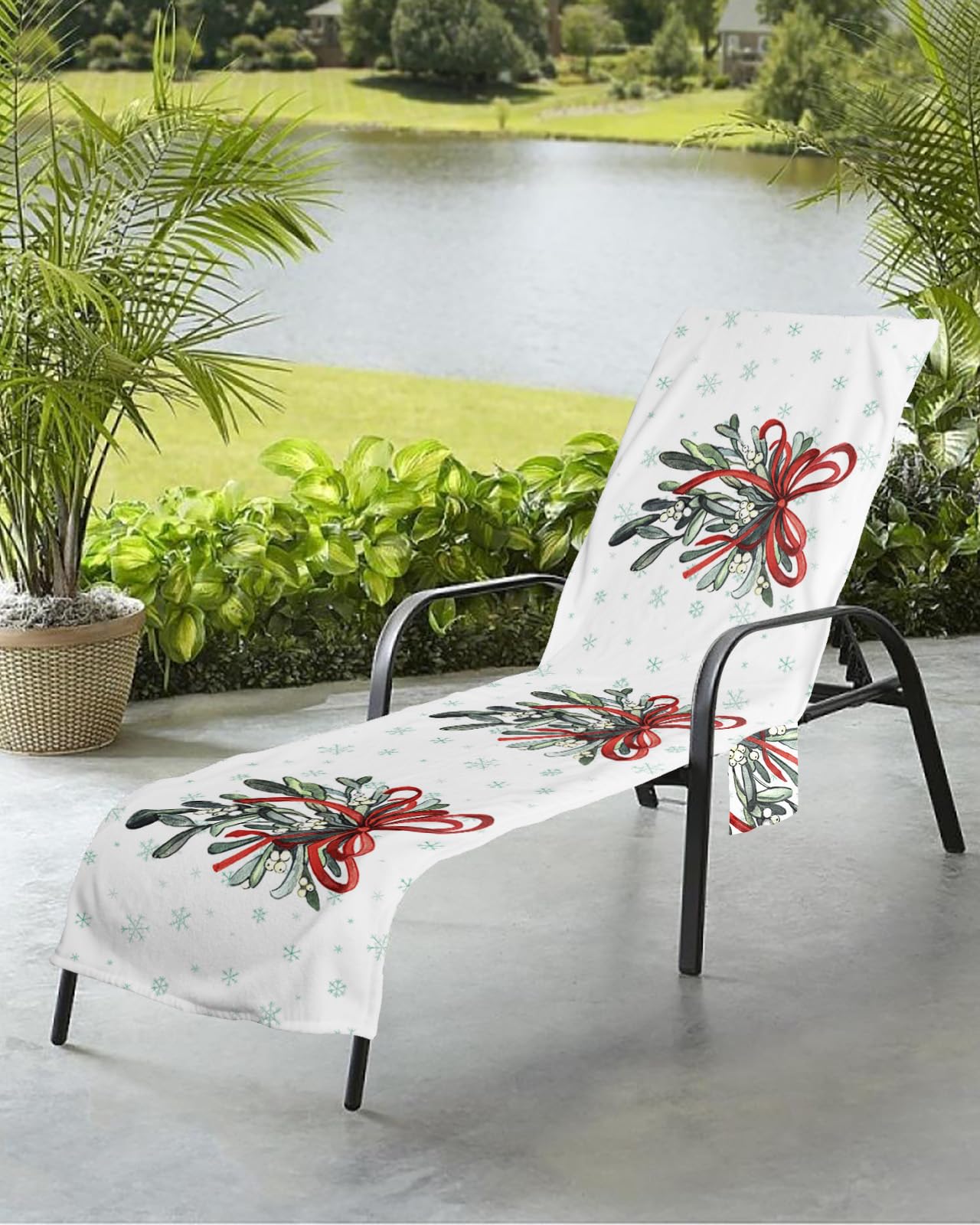 Christmas Leaves Beach Chair Towel Covers for Chaise Lounge with Side Pocket, Soft Plush Pool Towels Cover for Patio Sunbathing Outdoor 29''x85'' Red Green Winter Snowflake