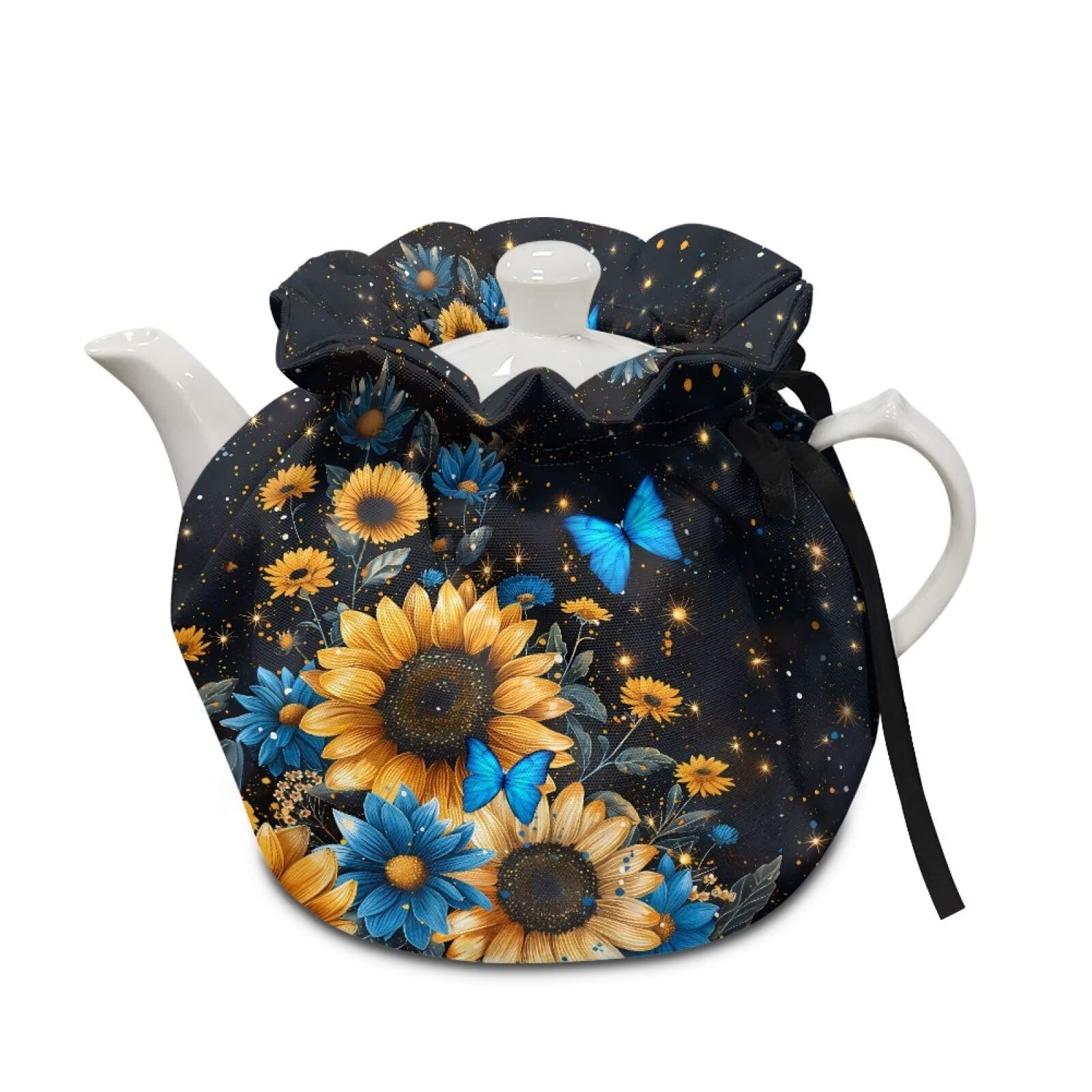 Xoenoiee Blue Butterfly Sunflower Pattern Tea Cozy Tea Pot Cover Insulation Tea Cosy Teapot Dust Cover Teapot Warmer for Home Kitchen Teapot Covers