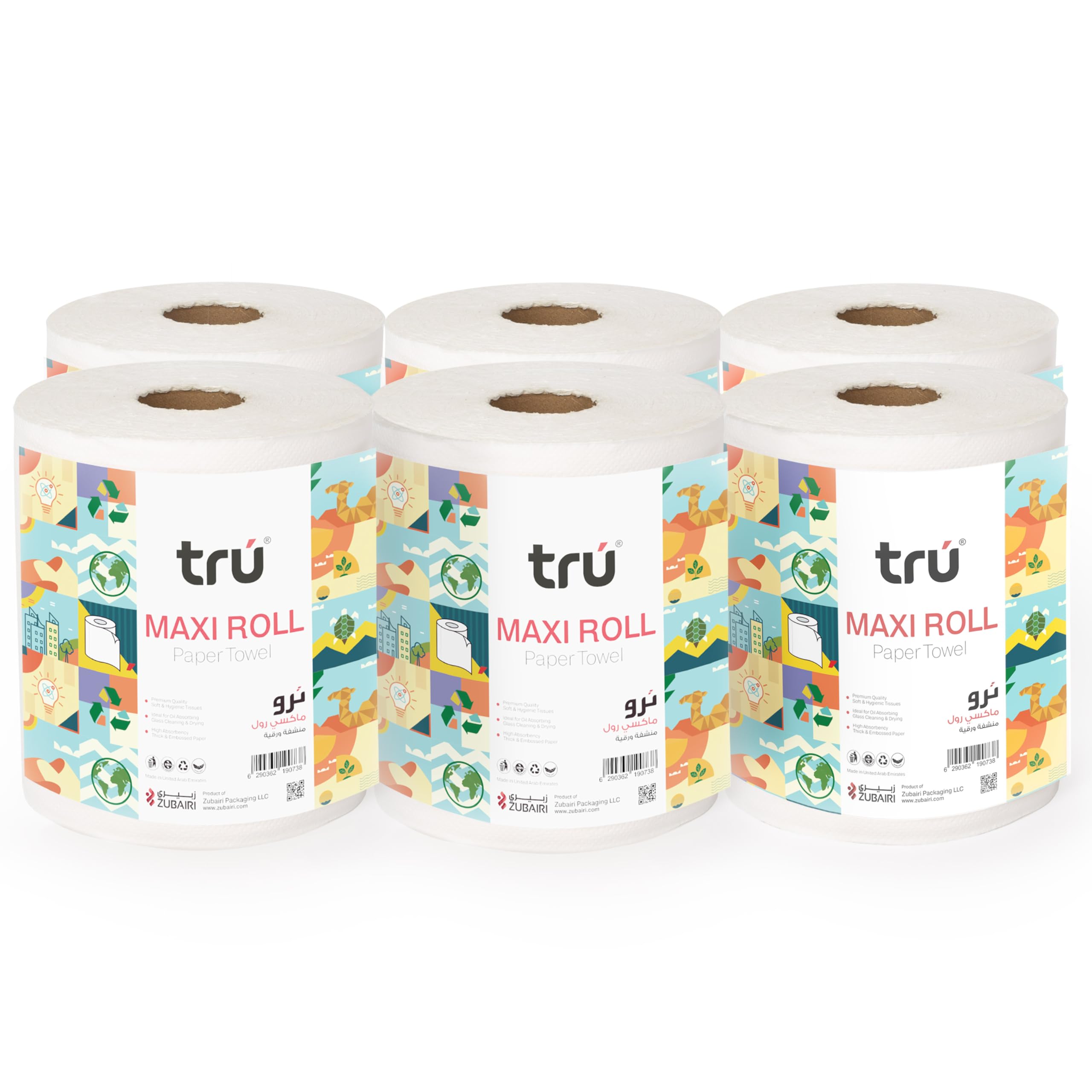 tru® Maxi Rolls Embossed - Highly Absorbent & Perforated Disposable Tissue Paper Towel- Multi Purpose, 2 Ply, 550g Pack of 6
