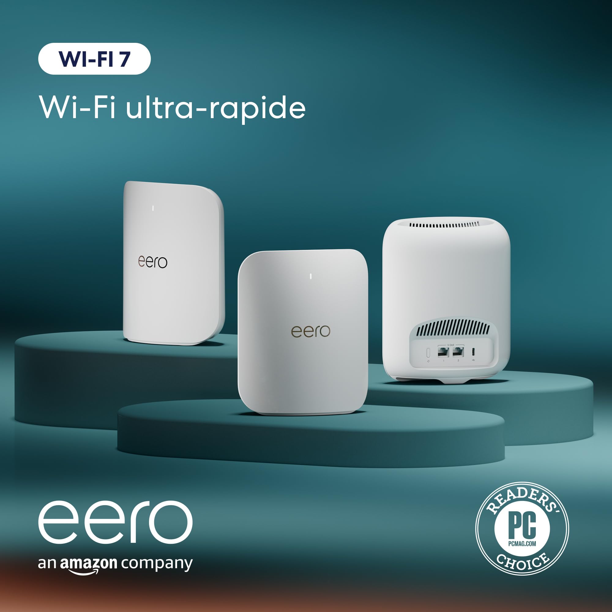 Routeur Wi-Fi 7 maillé tribande Amazon eero Pro 7 (dernier modèle) : prise en charge des connexions Internet jusqu'à 5 Gb/s, couverture jusqu'à 560 m², lot de 3