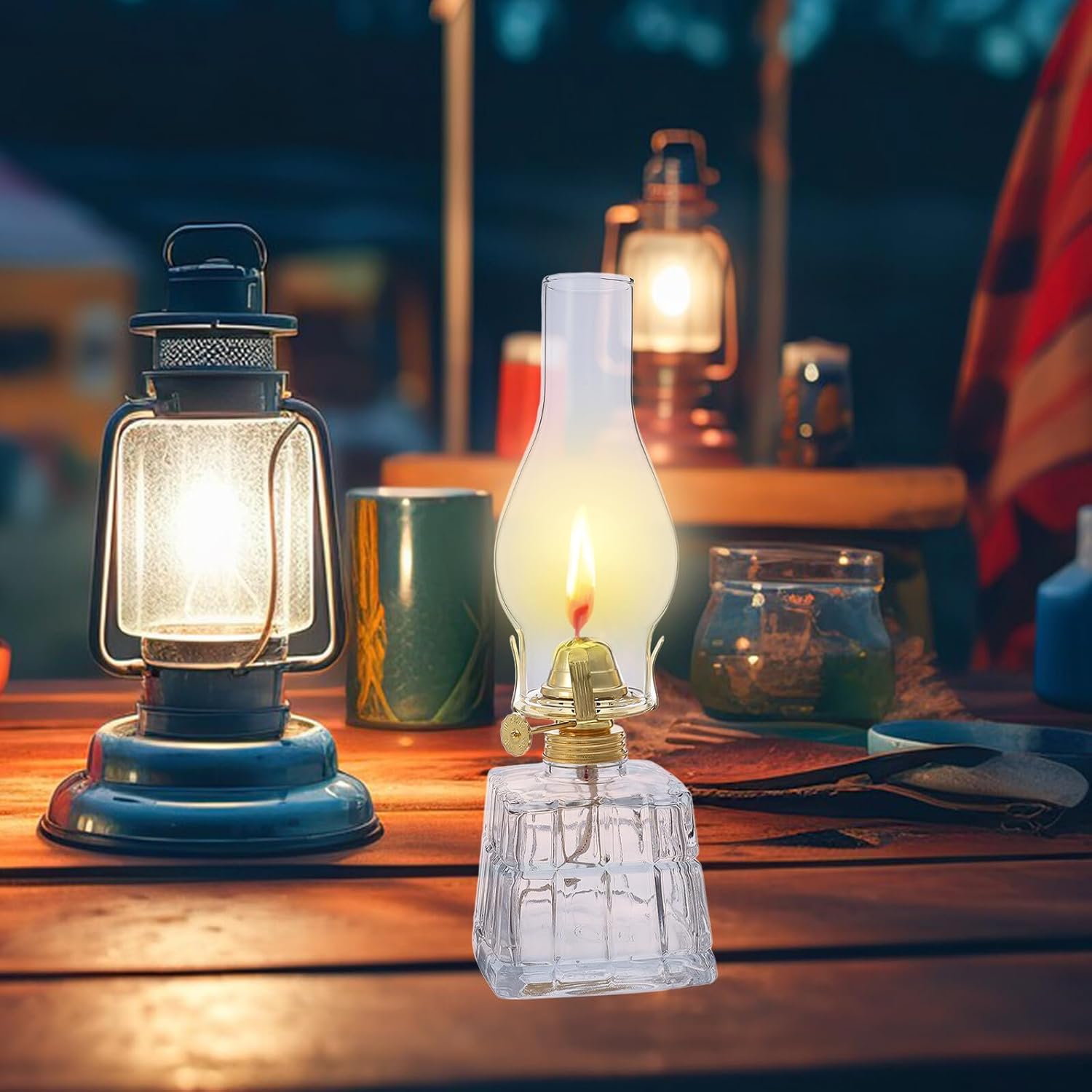 Vintage Square Kerosene Lantern Oil Lamp, Portable Hanging Windproof Hurricane Lamp with Hand Glass for Indoor and Outdoor Rustic Home Décor and Emergency Lighting