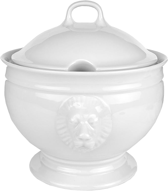Van Well Set Leeuwenkopterrines met deksel Porselein 2,75 liter & 6 soepkommen 0,4 liter wit – Klassieke terrine voor soep of one-pot gerechten – Ovenbestendig – Duitse kwaliteit