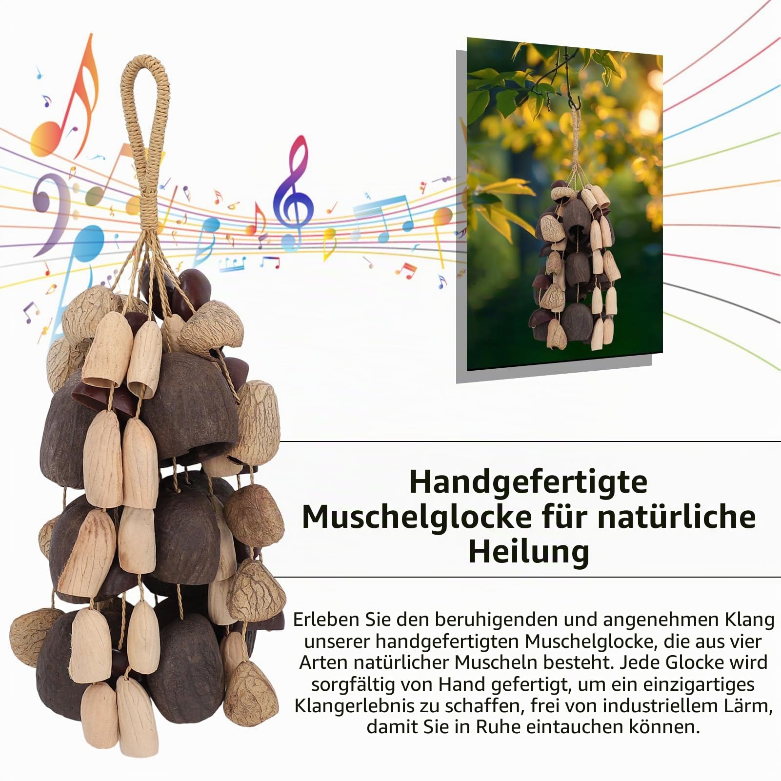 Handgemachtes Naturschalen Windspiel Zusammengesetzt von 54 Naturschalen Yoga Meditationsinstrument 4 Muscheltypen Muschelrassel Innen- und Außen Dekor für Klangentspannung