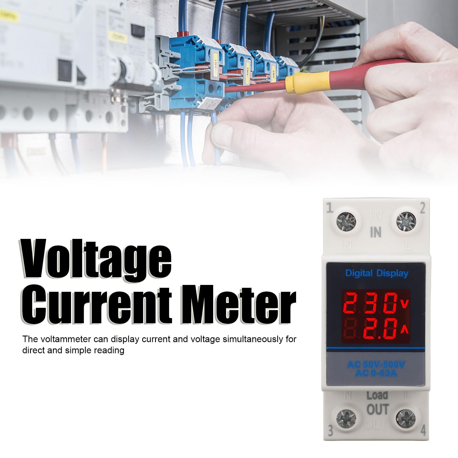 Amperometro Monofase Guida DIN Misuratore Tensione CA Corrente Display Digitale AC50-500V