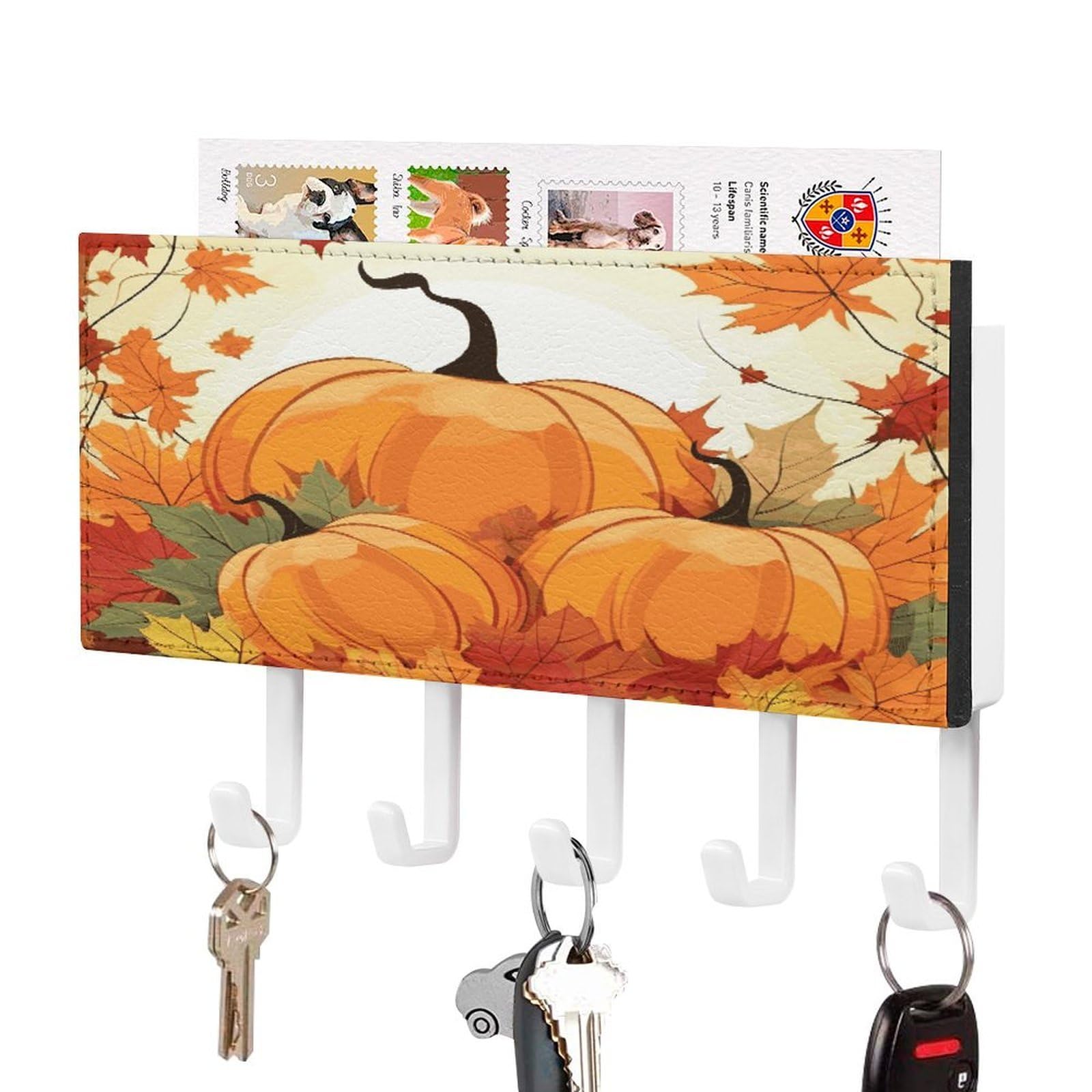 FekiLoot Autumn Pumpkin Maple Leaves Key Holder Wall Mount Key Hooks for Wall Decorative with 5 Hooks PU Mail Rack Organizer with Shelf for Entryway Mudroom Hallway Office 7.1X4.3 in
